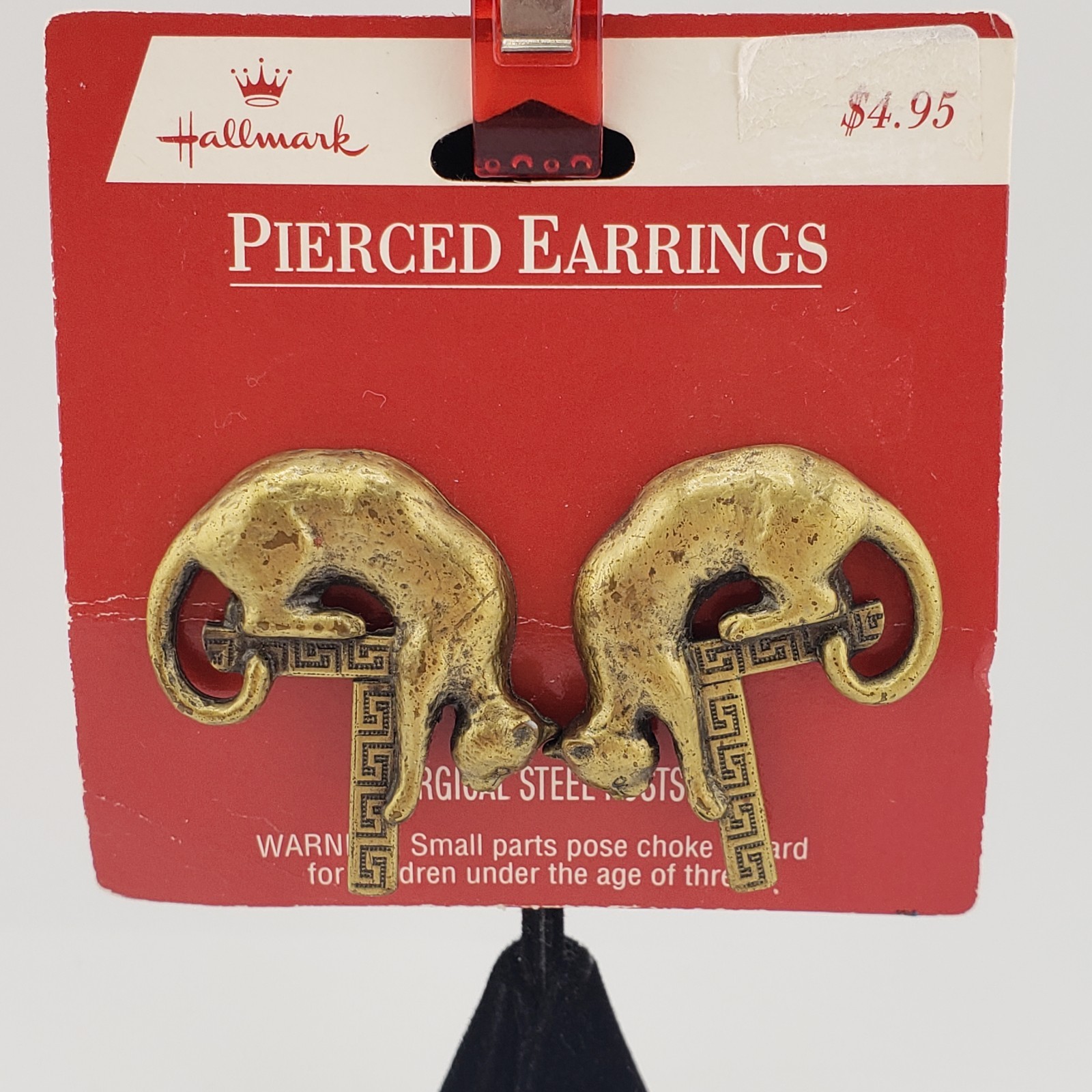 Hallmark Cat Earrings Golden Bronze Tone Pierced Chunky Statement VTG 90s Artsy