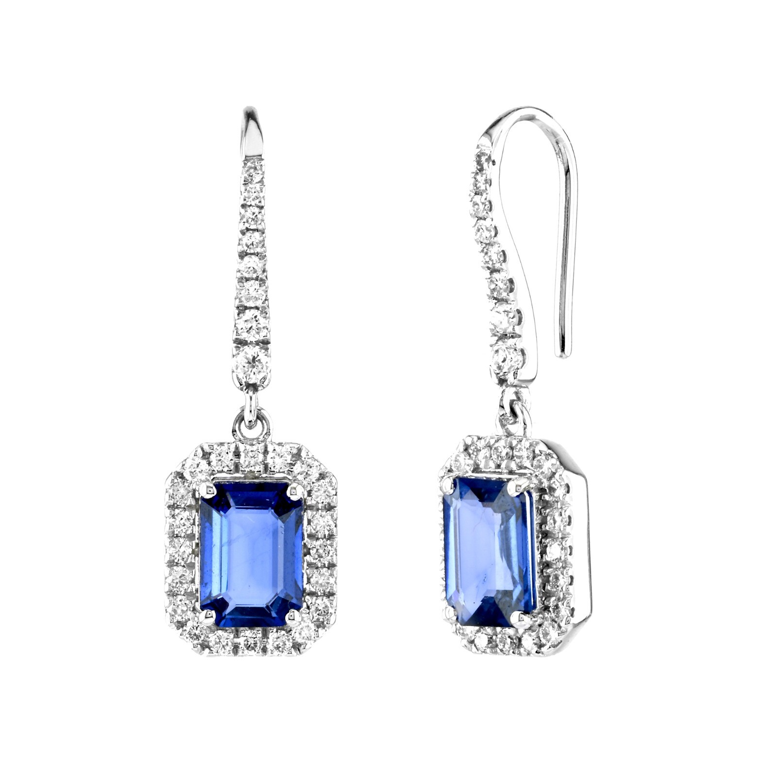 Lab Blue Sapphire Diamond Solid 18K White Gold Drop Earrings, Christmas Gift