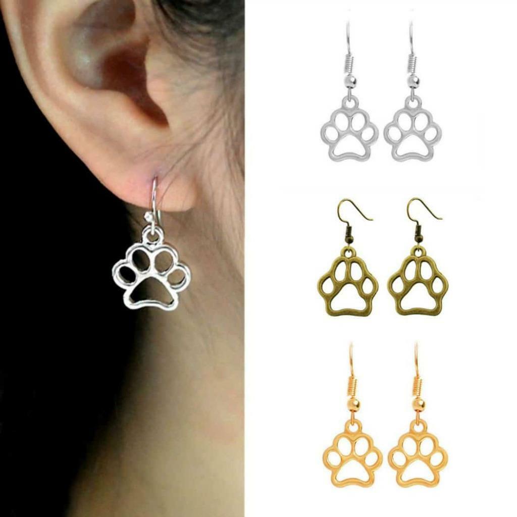 DOG PAW PRINT EARRINGS 1.3″ Drop Dangle Pet Lover Cut Out Stainless Steel Wires