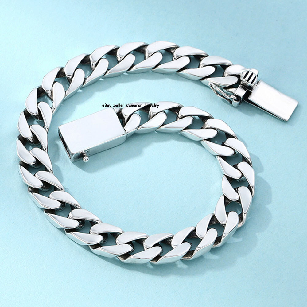 Pure S925 Sterling Silver Chain 7mm Cuban Curb Link Bracelet 7.1-7.9inch L