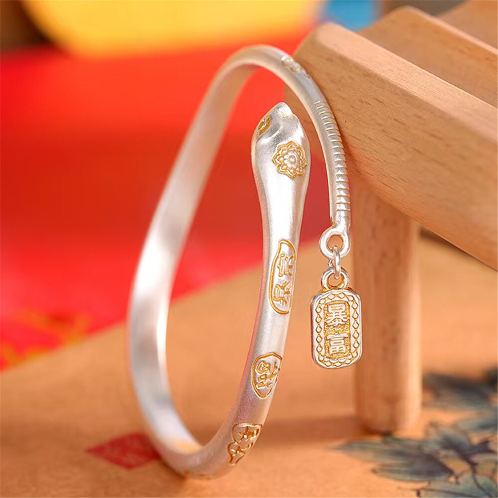 Pure S999 Fine Silver Bracelet Enamel 5mm Snake Open Bangle 34-35g Dia:56mm