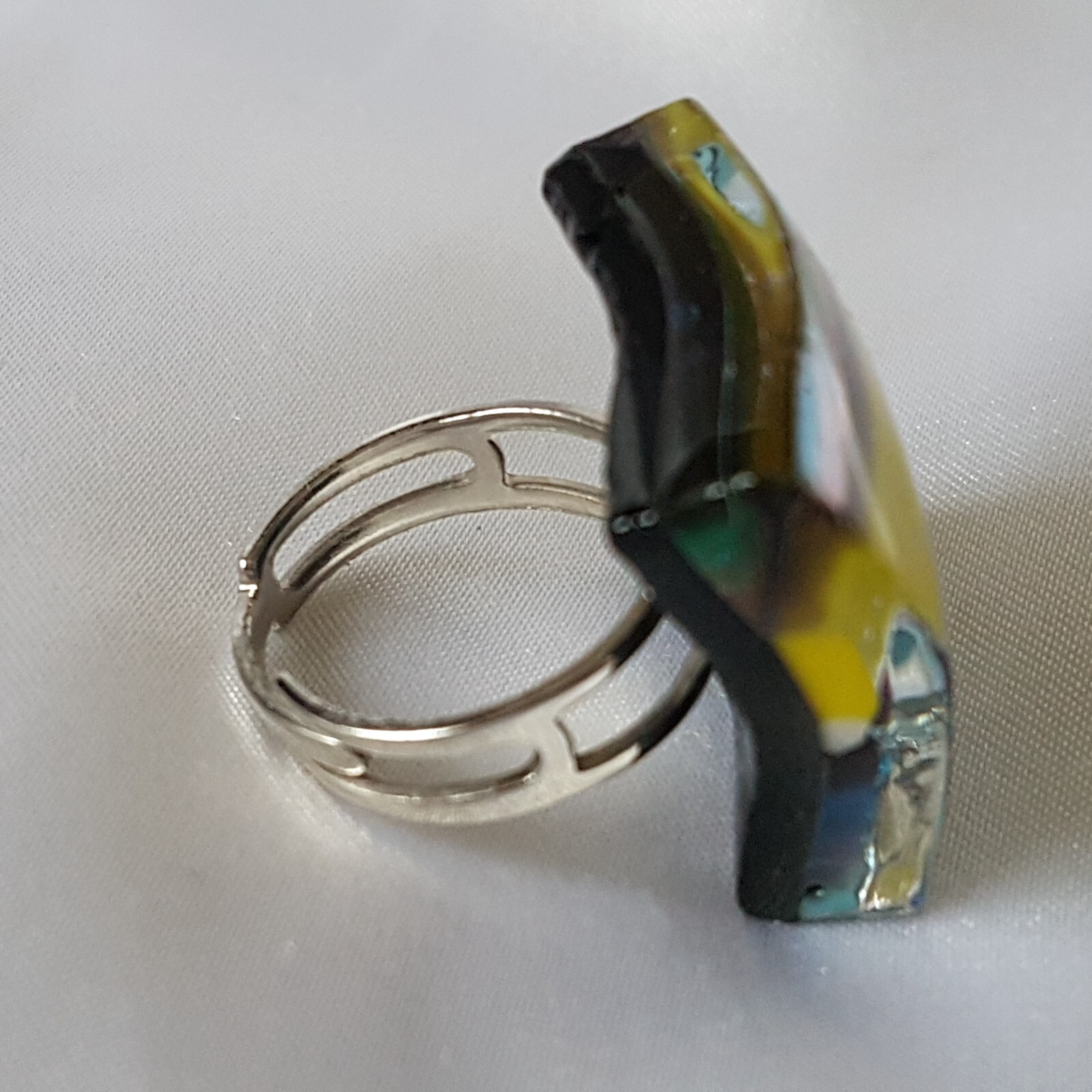 Ring ~ Blue, Brown, Yellow Stripes ~ Glass & Chrome ~ UK Size M 1/2 (Adjustable)