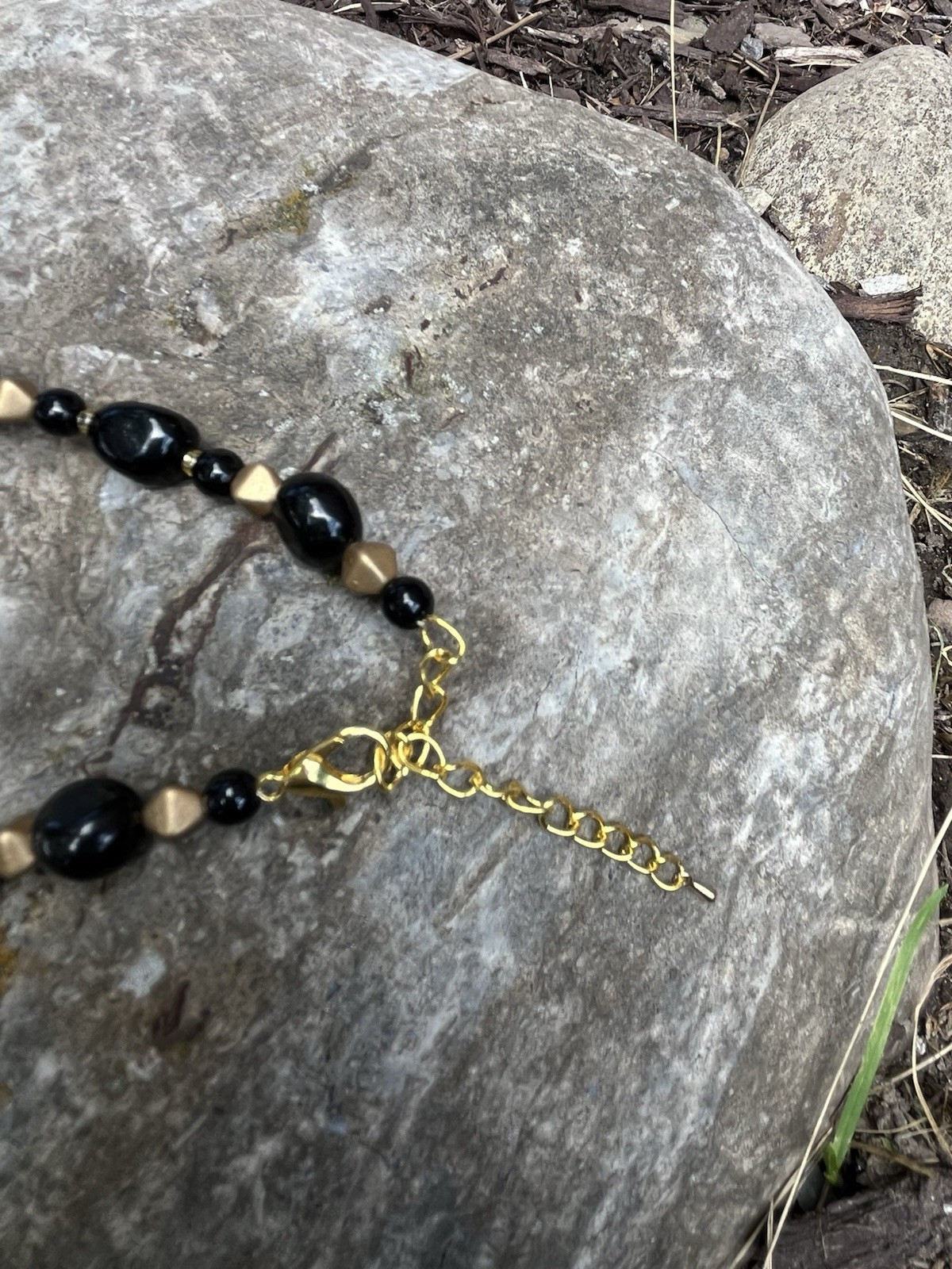 Black & Gold Zebra Jasper Pendant Necklace, Blk Agate accents ~ 23″ Handcrafted!