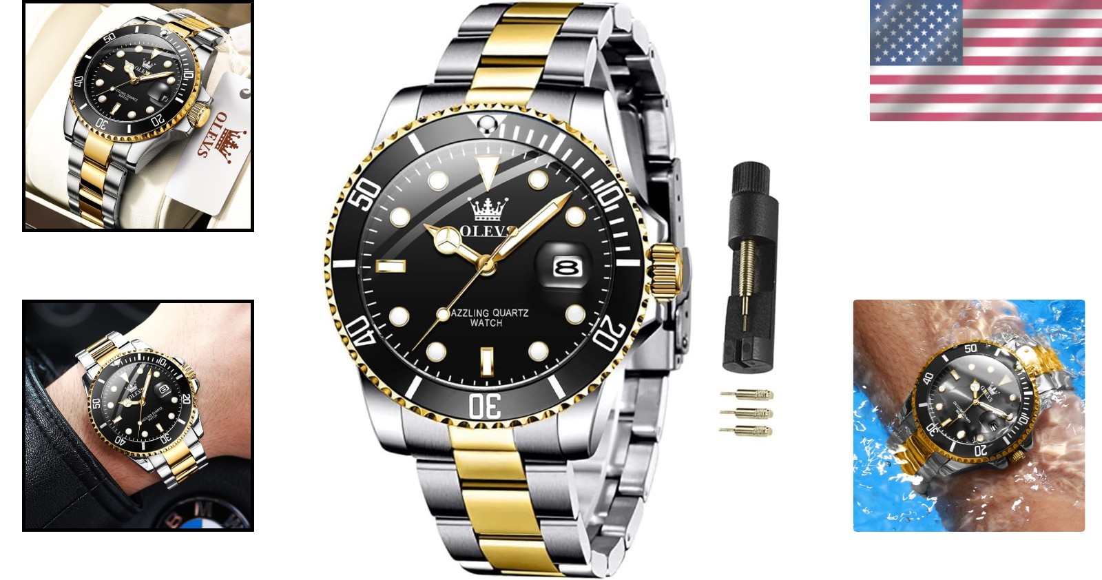 Stainless Steel Two-Tone Men’s Watch – Big Face with Date, Waterproof & Luminous