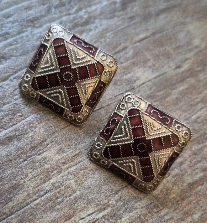 Vintage 925 Sterling Silver Burgundy Enamel Champleve Square Shaped Earrings