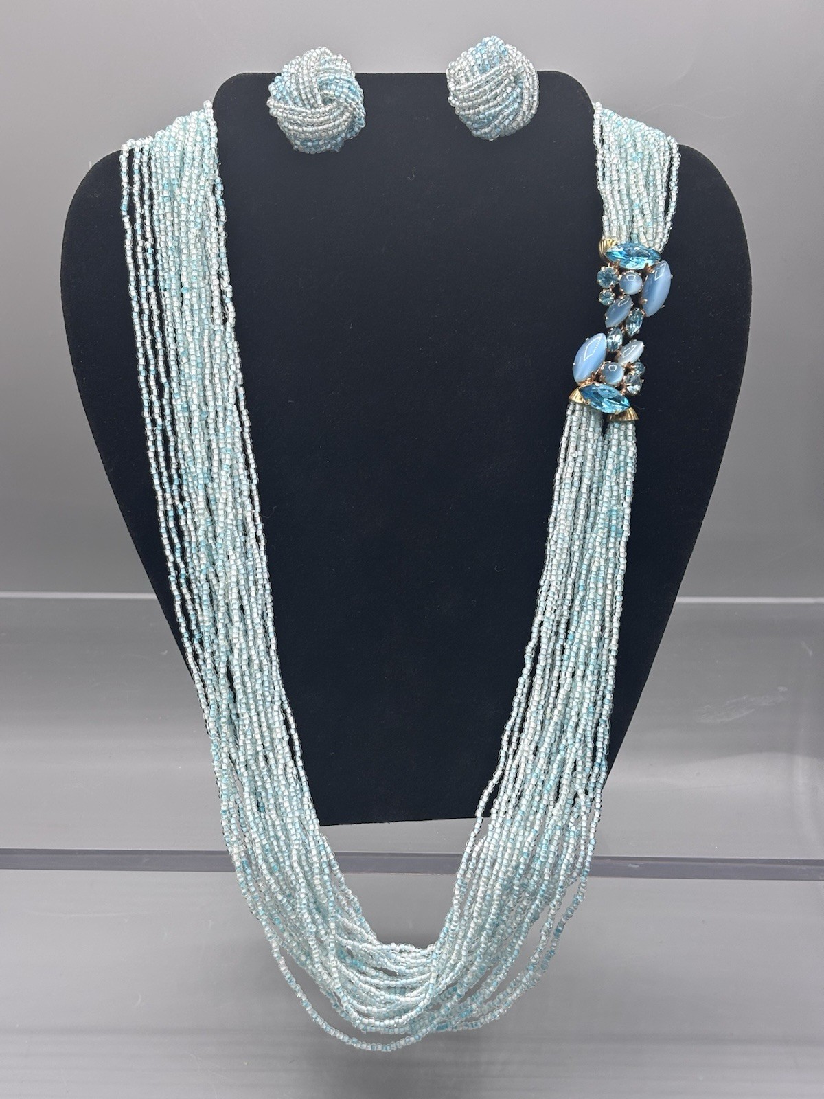 Vintage Glass Seed Bead Aqua Multi Strand Statement Necklace W/ Earrings 50’s
