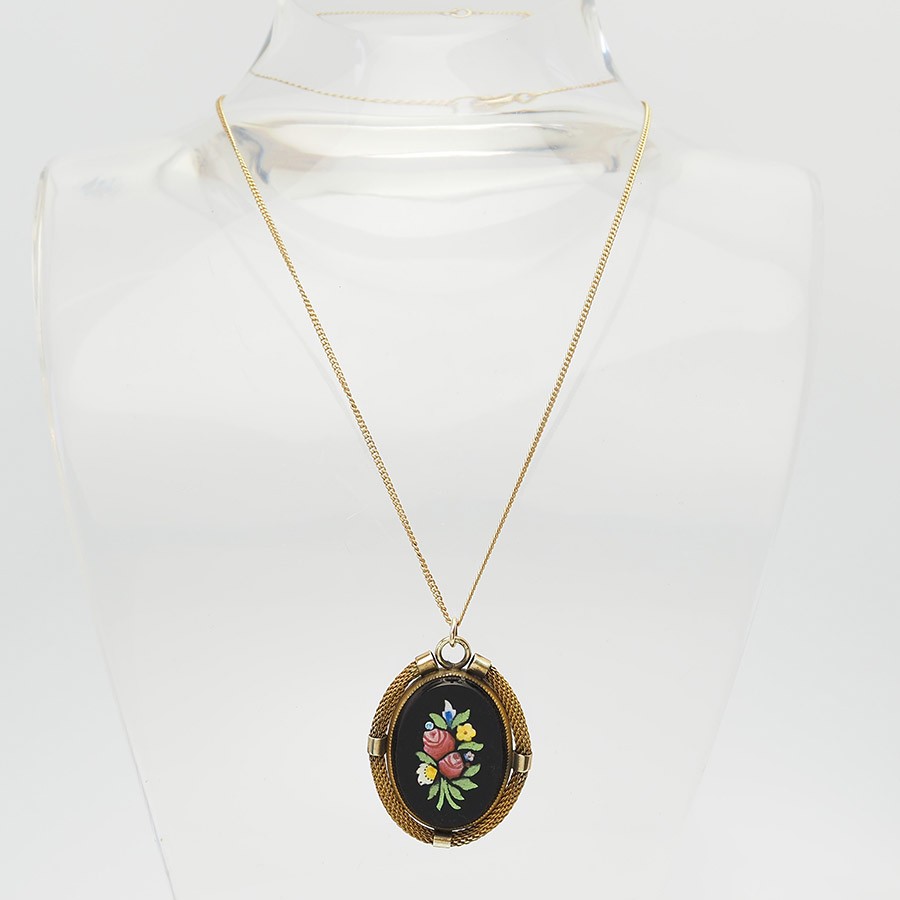 Antqiue gold filled Petra Dura flowers floral bouquet pendant necklace