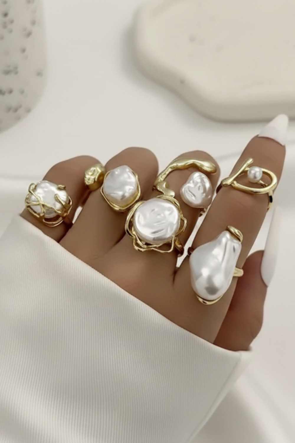 Fashion Imitation Pearl and Gold 6 Piece Ring Set