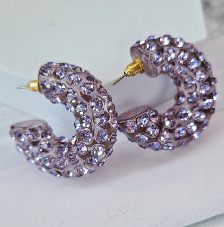 Lavander Boho Statement Chunky Lucite Translucent Rhinestone Paved Hoop Earrings