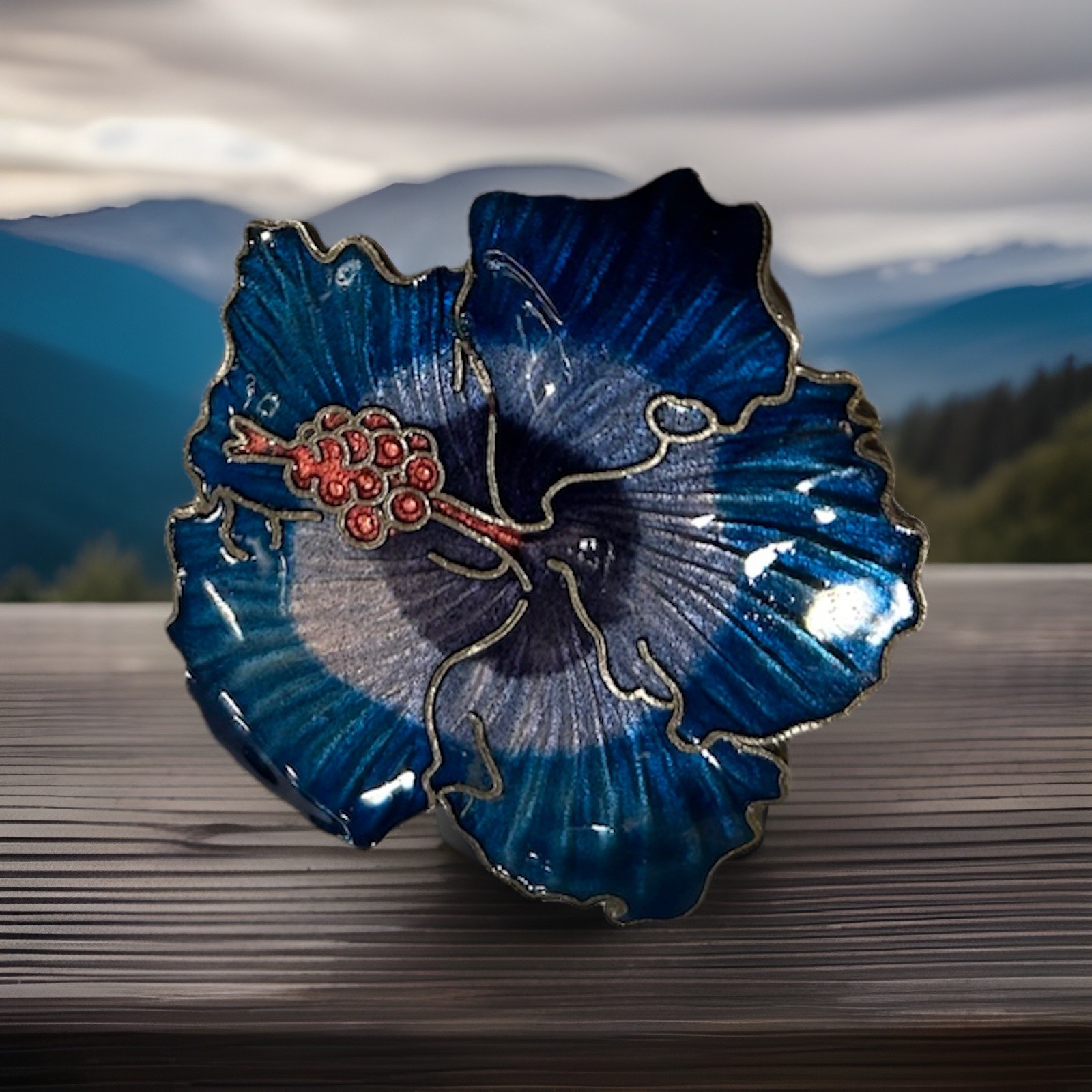 Vtg Large Cobalt Blue, Lavender, Red Cloisonné Enamel Hibiscus Flower Brooch 2”