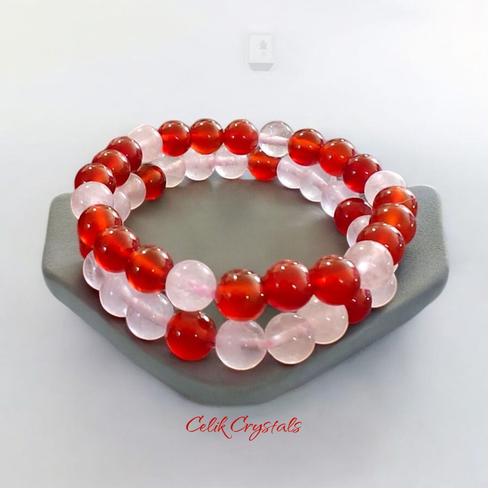 Rose Quartz & Carnelian Bracelet 2 Piece Set Natural Stones 8mm Stretches