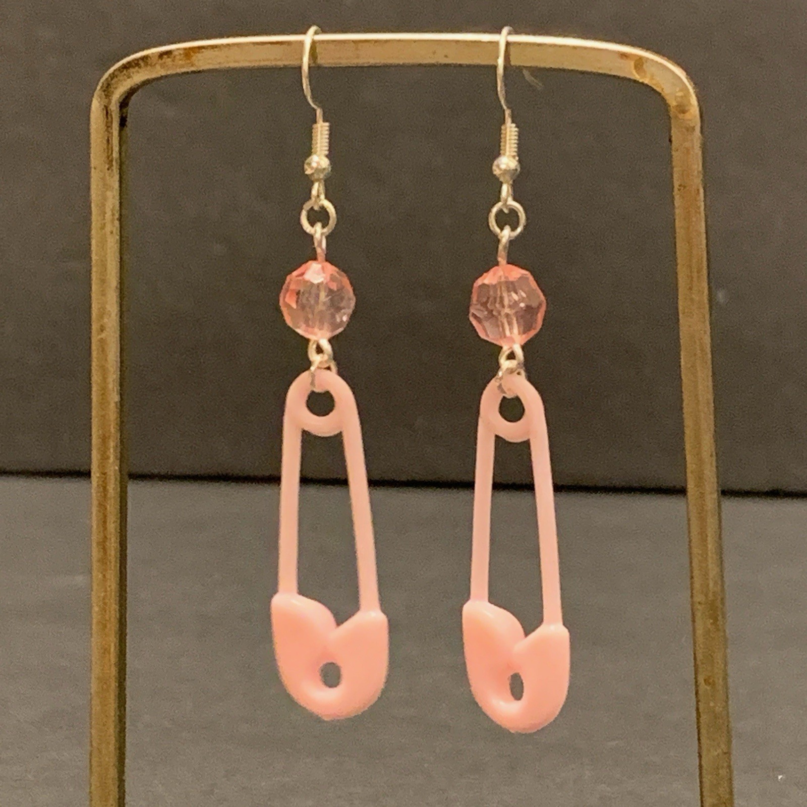 Baby Shower Gift Earrings Handmade Pink Safety Pin Gender Reveal Cute Toy Silver