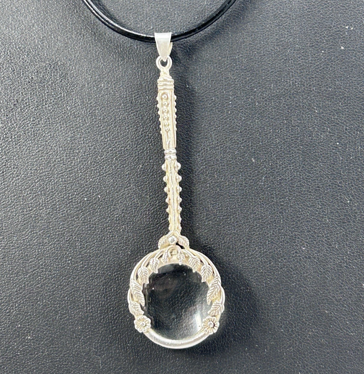 Silver-tone Pretty Floral Design 3″ Magnifying Glass Pendent On Cord 26″