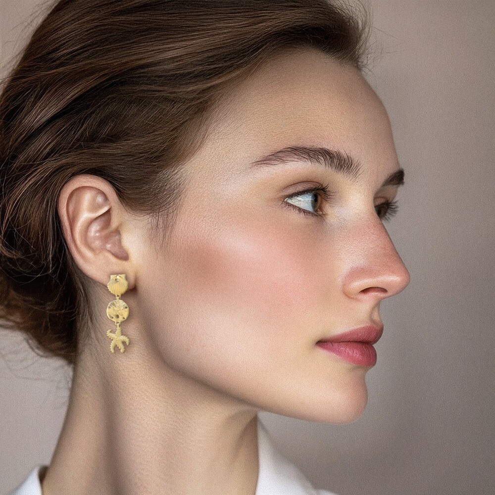 14K Solid Yellow Gold Medium Shell Sand Dollar Starfish Dangle Earrings 37.4mm