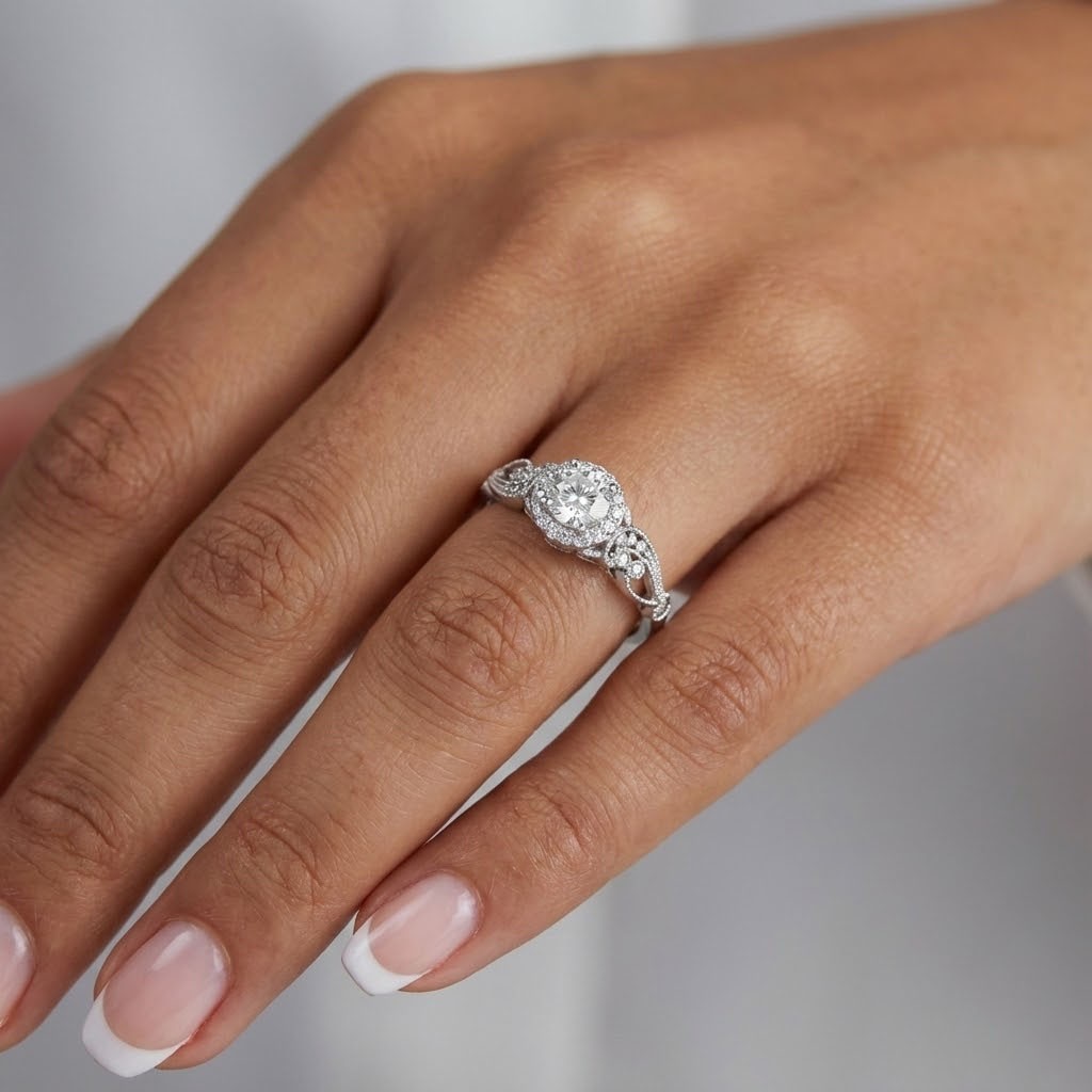 Side Stone Engagement Ring Halo 18K Gold 1.44 Carat Round Natural Diamond H SI1