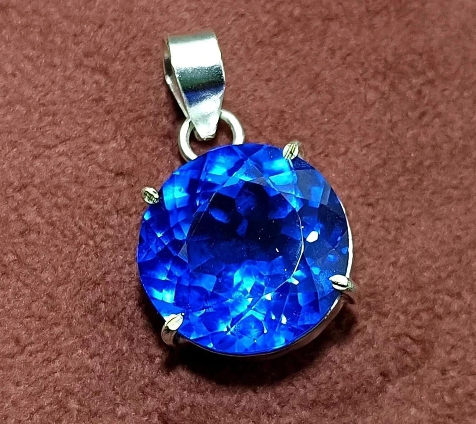 Natural Blue Sapphire 24 Ct Round Cut 925 Solid Silver Pendant Gemstone + Gift