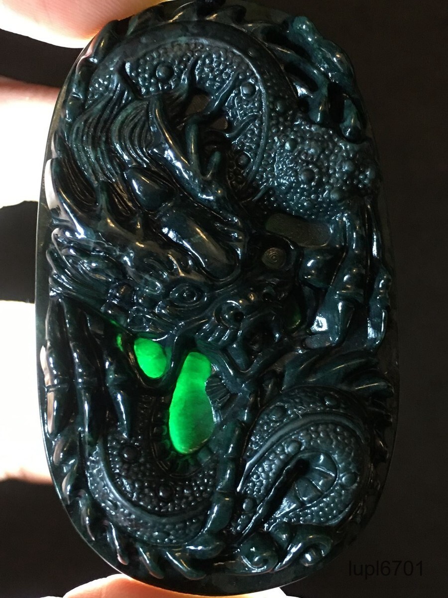 Certified Black green Burma Type A 100%Natural A Jadeite Jade Pendant~Dragon墨翠龙