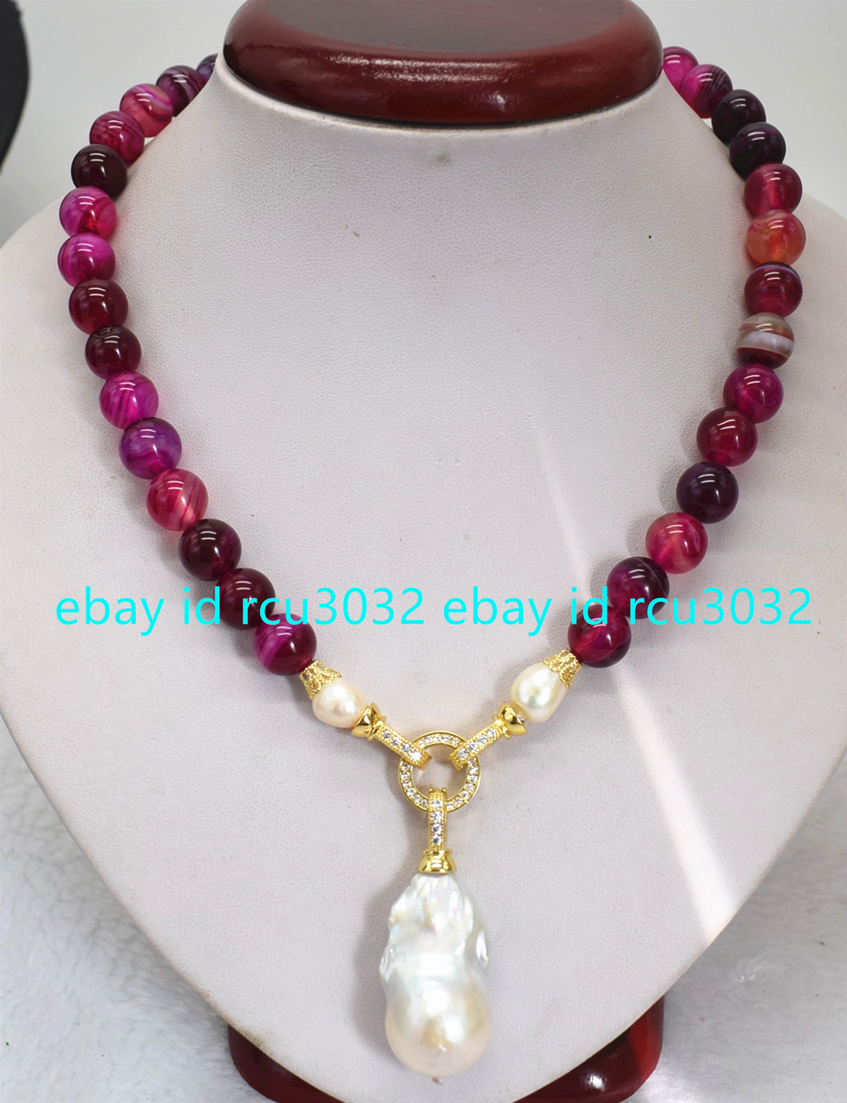 Natural Multicolor Stripe Agate Gems White Keshi Baroque Pearl Pendant Necklace