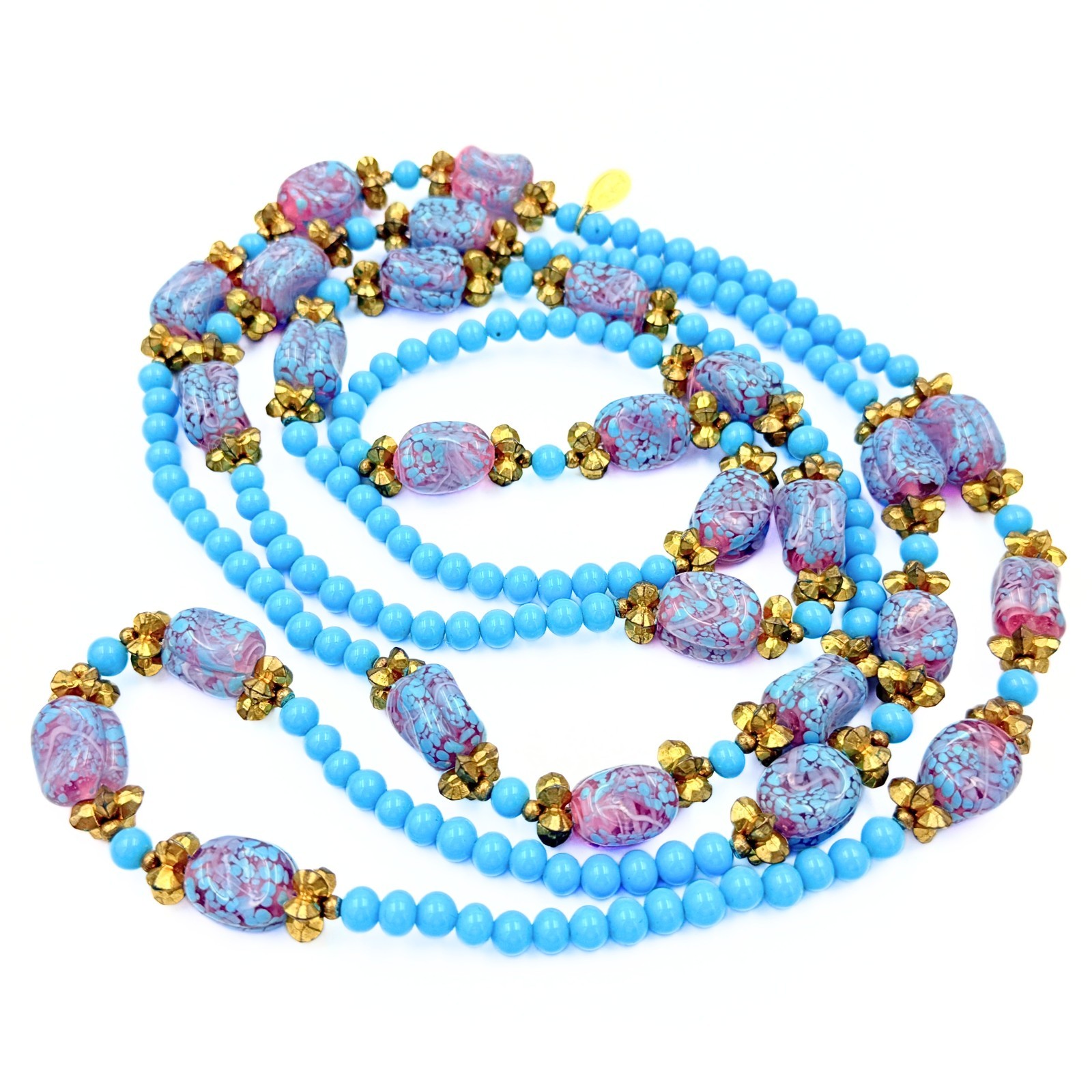 Vintage William De Lillo Couture Wedding Cake Glass Bead Sautoir Blue Necklace