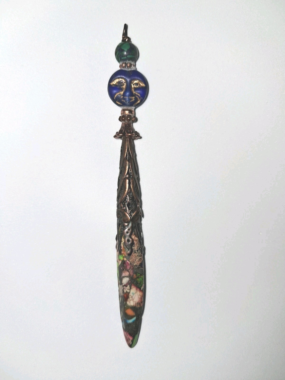 MALACHITE AZURITE Bead & Blue Glass Moon Face Bead PENDANT Sea Sediment Jasper