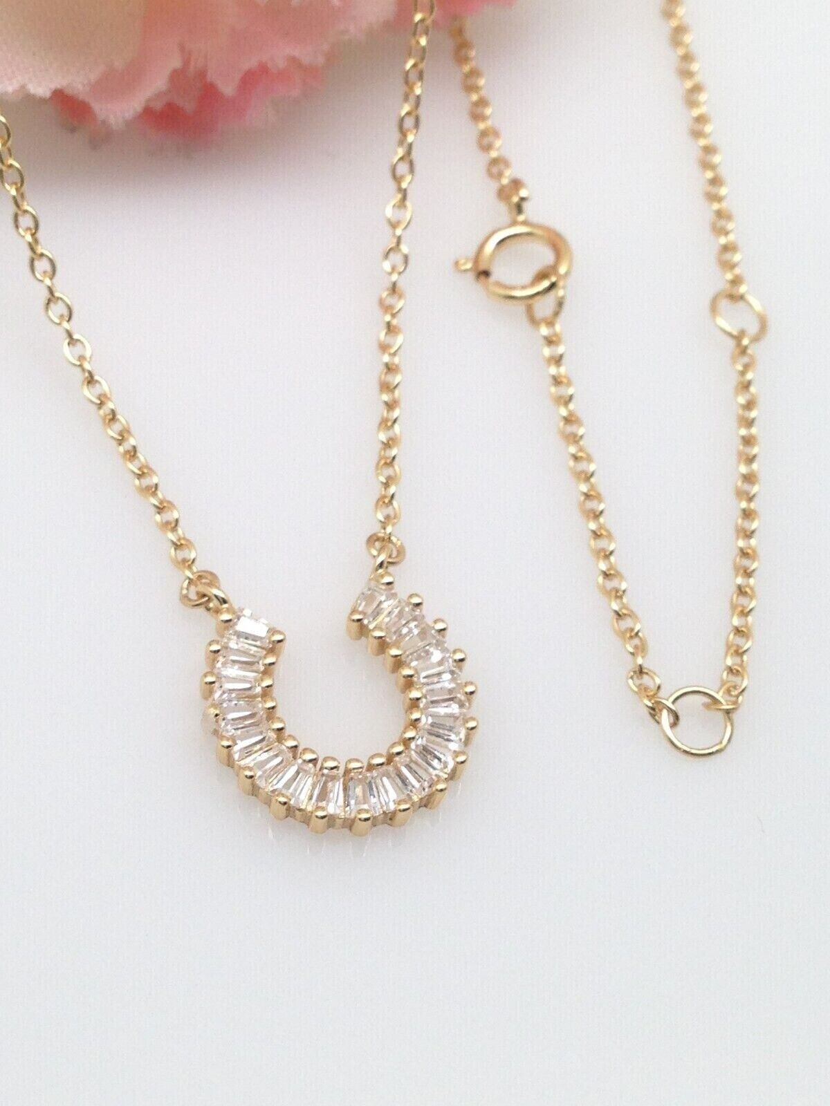 925 Sterling Silver CZ Baguette Horseshoe Pendant Necklace Gold Women 10.8mm