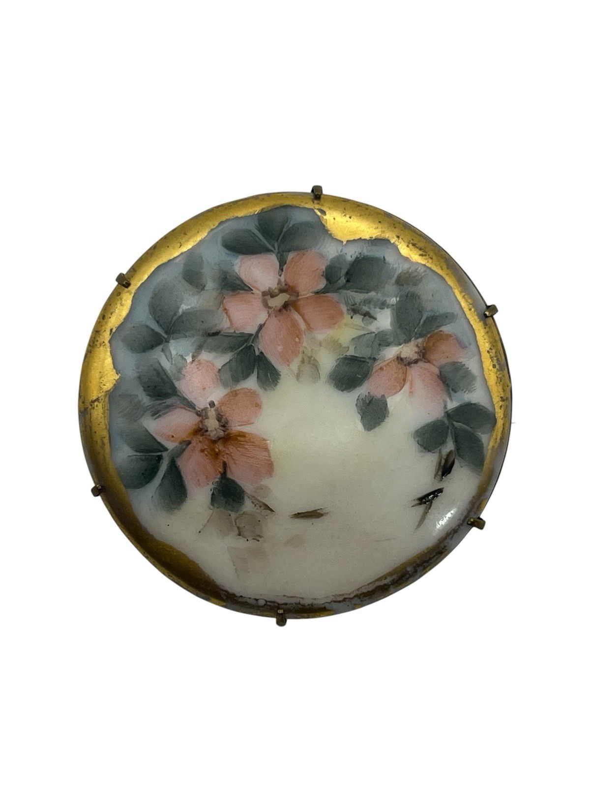Victorian hand painted flower enamel gold tone round brooch pin ceramic antique