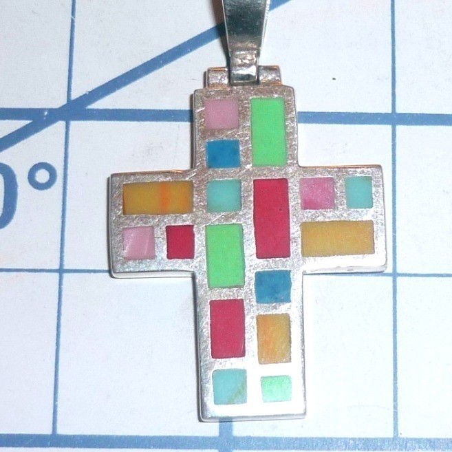 Vintage Sterling Silver Multi-Stone Inlay Cross Pendant Southwestern Jewelry