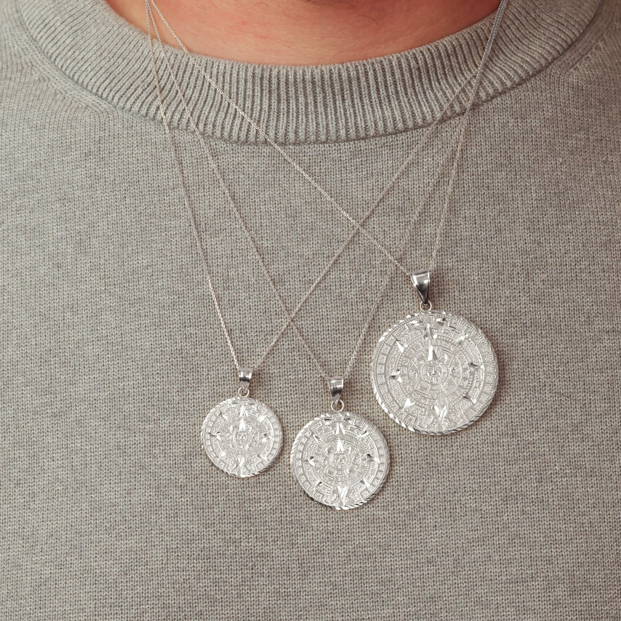 .925 Sterling Silver Aztec Calendar Pendant Necklace (Available in Size S/M/L)