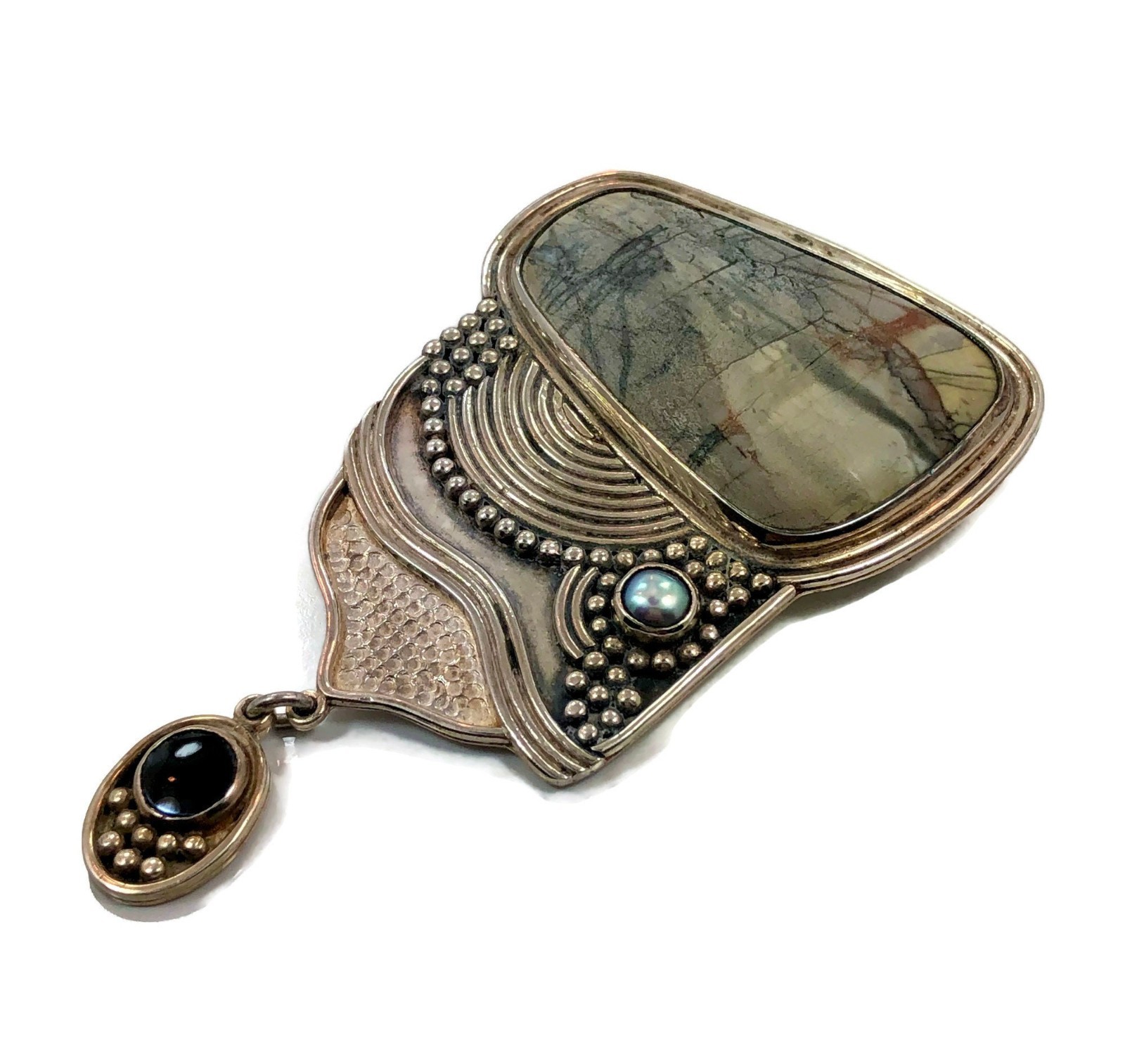 Picasso Stone, Designer, Yuma, Sterling Silver, Large, Modern Contemporary, Onyx