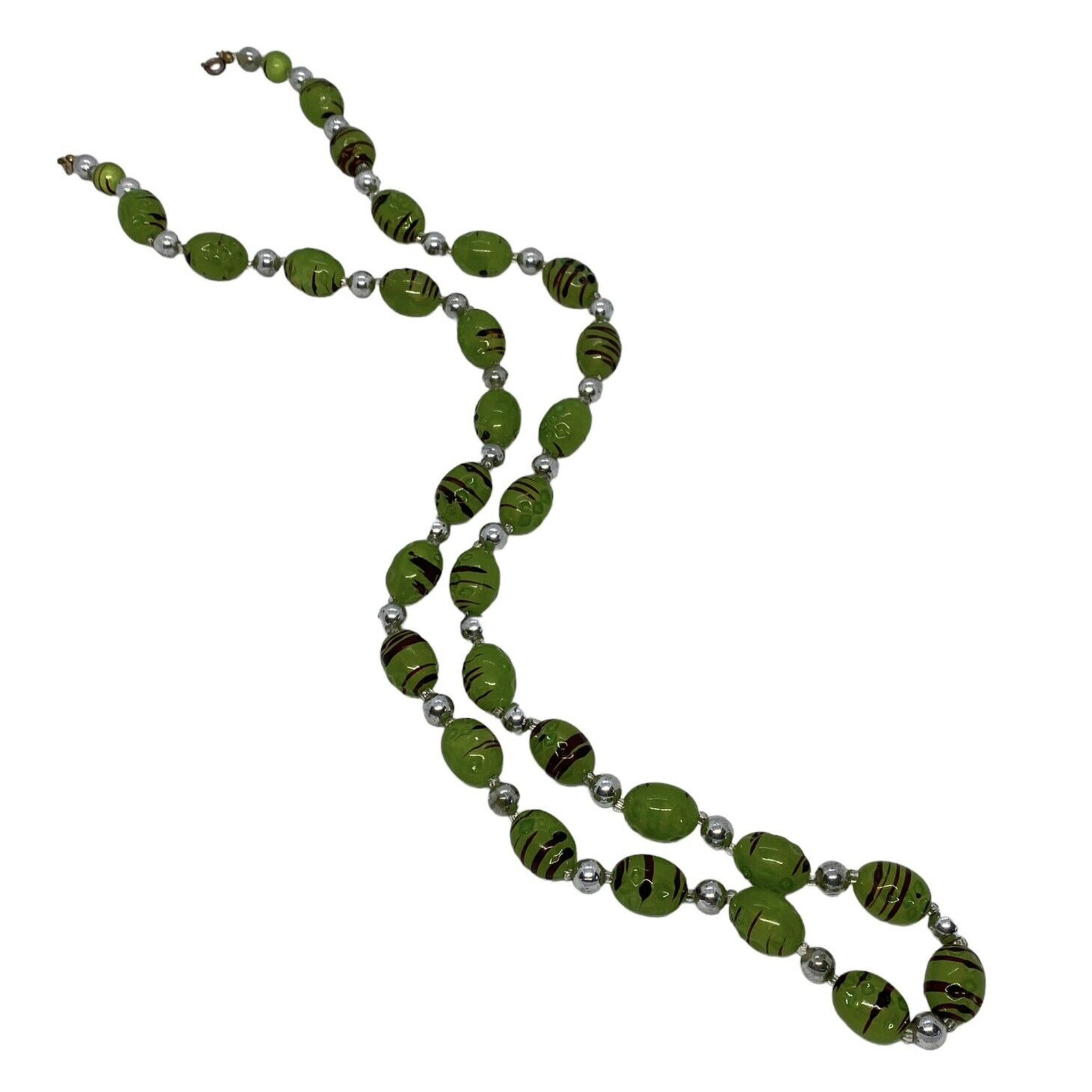 Fashion 33″ Strand String Necklace Green Black Silver Plastic Beads Swirl Design