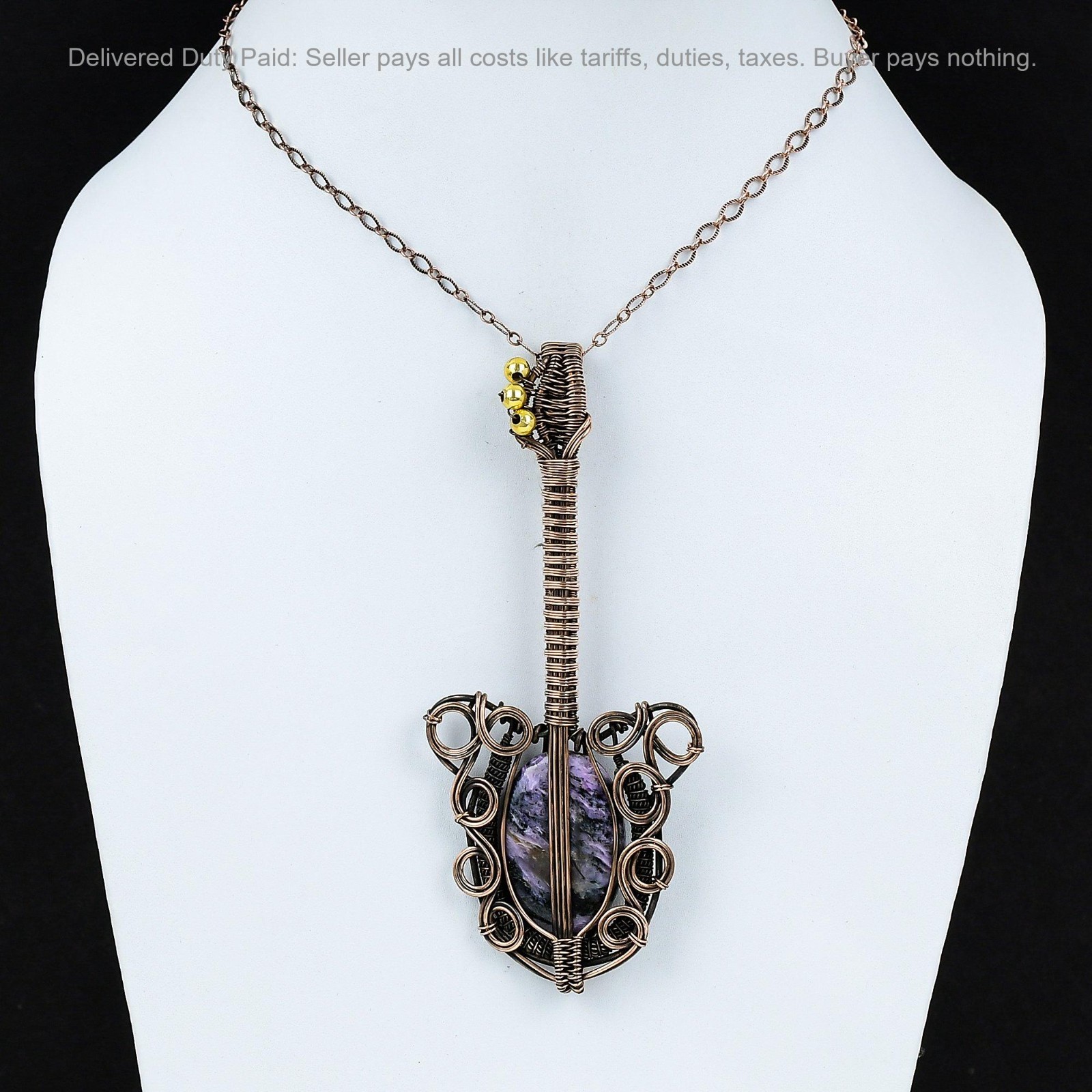 Copper Russian Charoite Stone Wire Wrapped Guitar Engagement New Pendant Jewelry