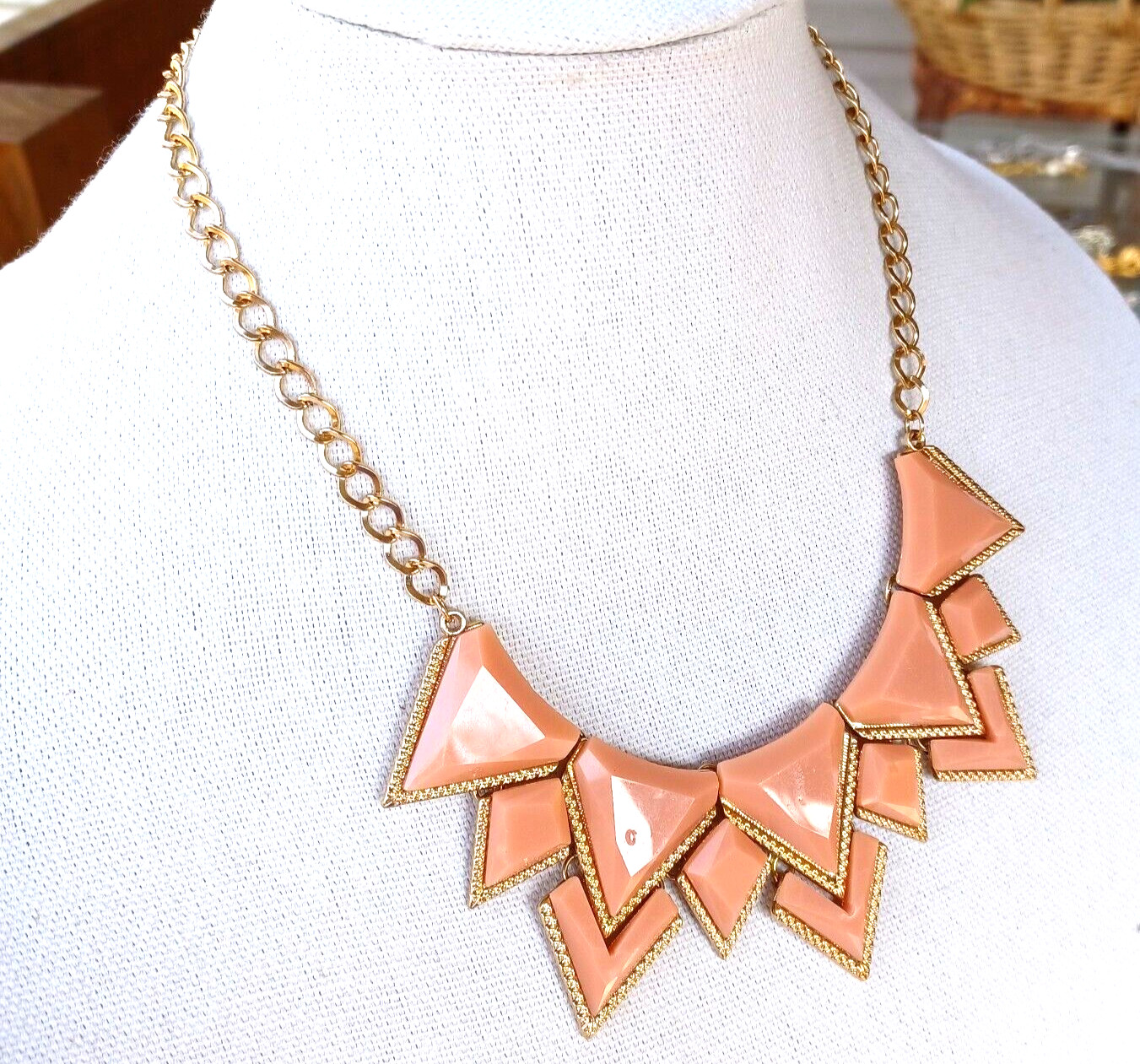 Necklace Statement Choker Geometric Art Deco Peachy Pink Gold Tone Vintage