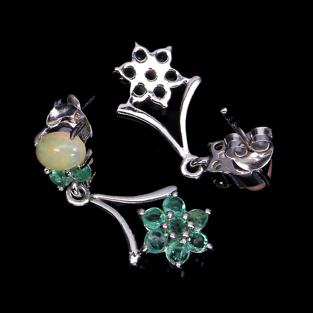 Natural GEM Top Rich Green Emerald ,Fire Opal 925 Sterling Silver DROP Earrings