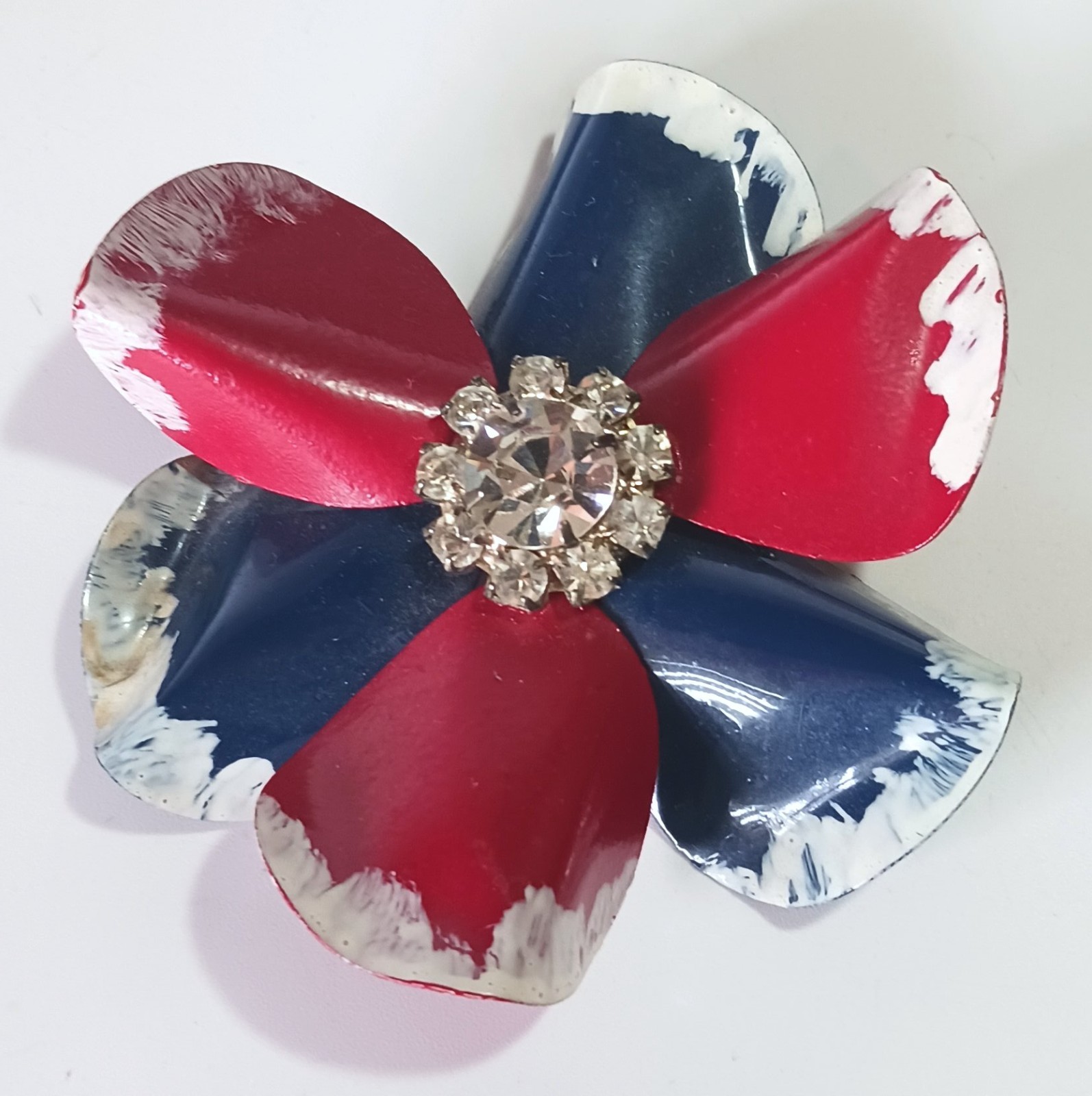Vintage Metal Flower Brooch w White Rhinestone Center & Red Blue White Petals