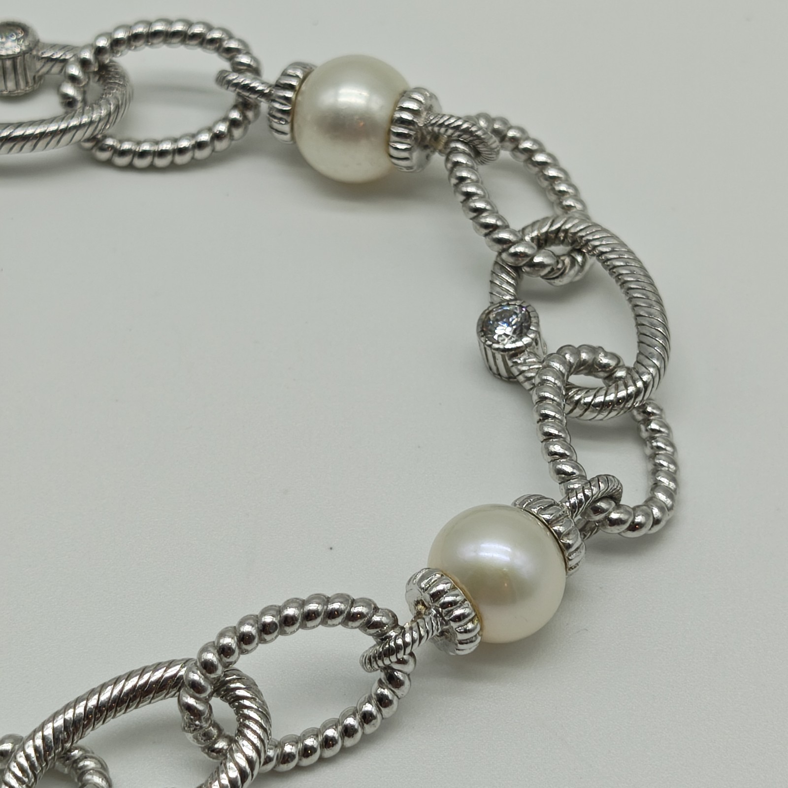 QVC Judith Ripka Sterling Silver 925 Pearl & CZ Station Bracelet 8.25″