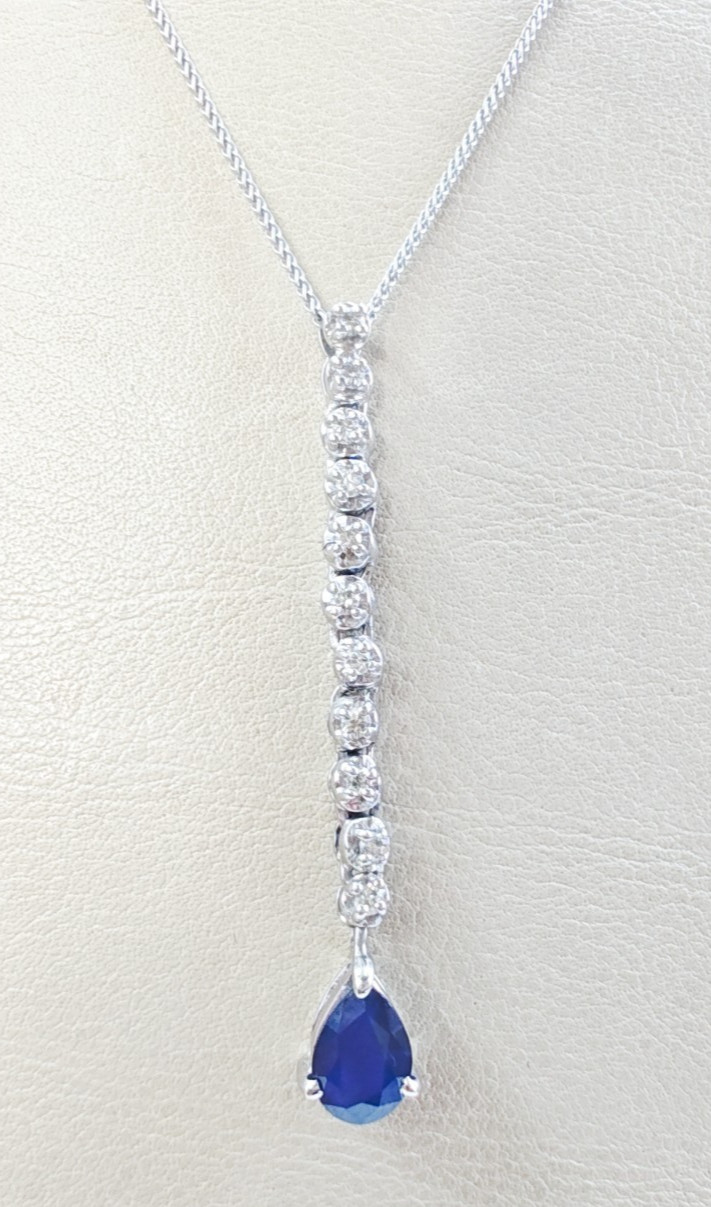 14K White Gold Sapphire & Diamond Pendant Necklace • .92ctw • 18″ Chain 3.17g