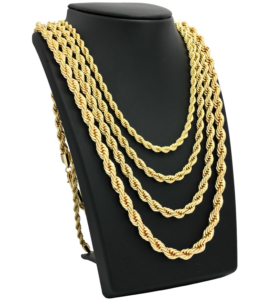 Mens Rope Chain Necklace 14k Gold Plated 7mm to 10mm 20″ 22″ 24″ 26″ 30″