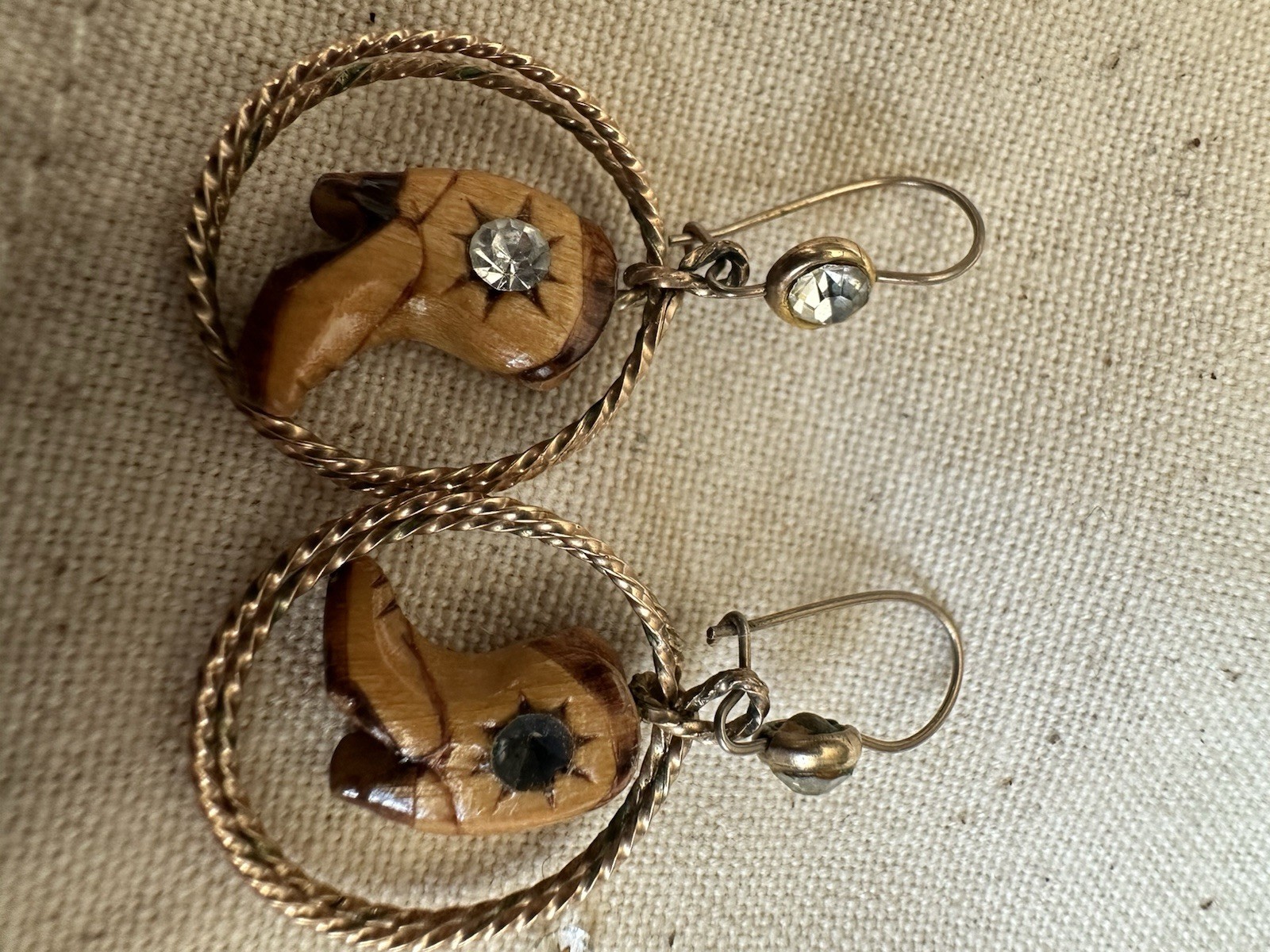 Gold Tone Hoop Dangle Earrings Brown Wood Charm Clear Round Crystal Hook Pair
