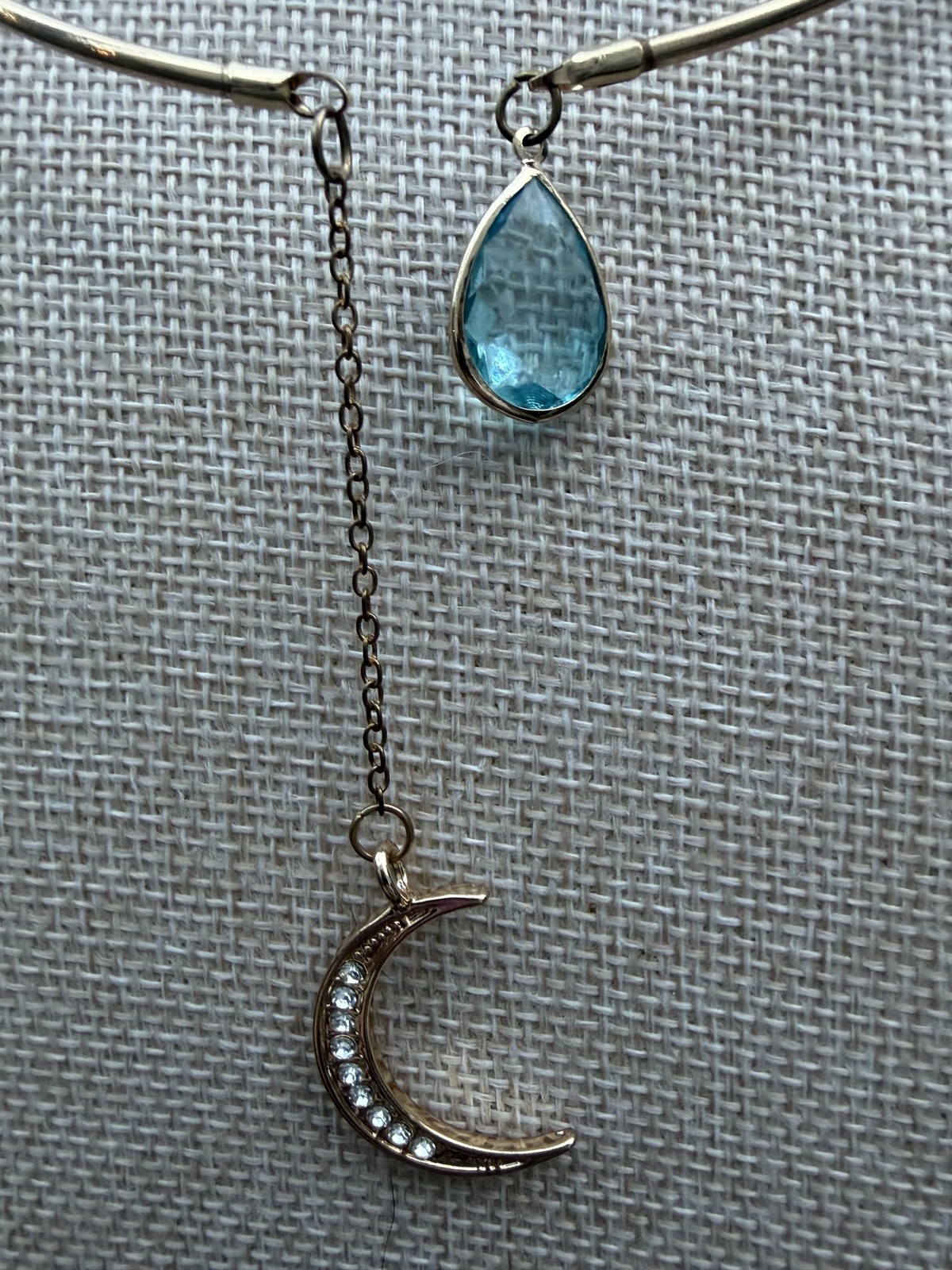 Gold Tone Crescent Moon Teardrop Aquamarine Rhinestone Open Collar Choker