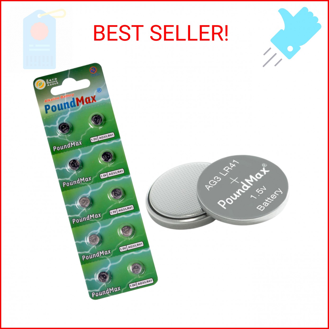 PoundMax AG3 LR41 Batteries 1.5v Alkaline Button Cell Battery – 10 Count