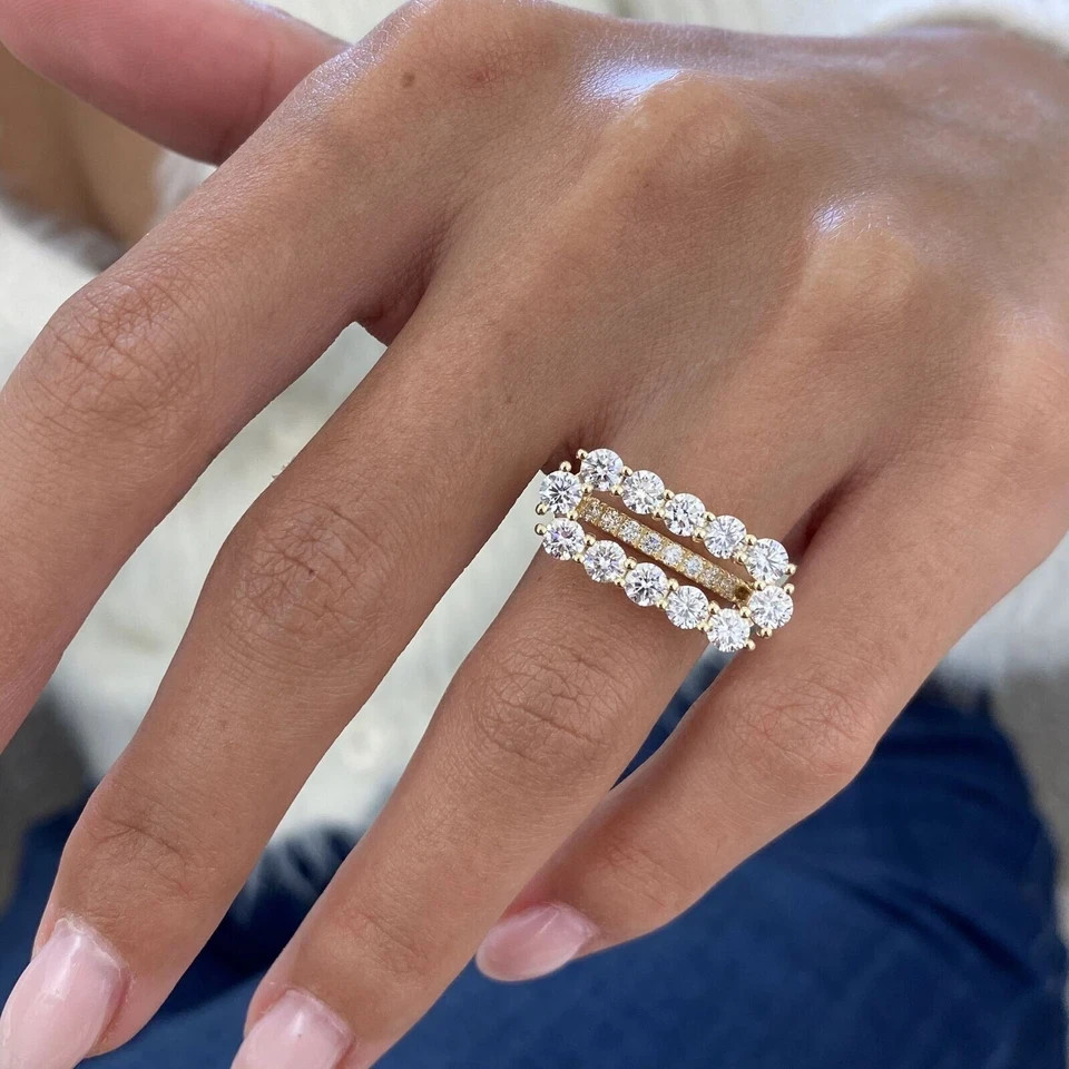 2Ct Round Cut Simulated Real Moisannite Fancy Band Ring 14k Yellow Gold Plated