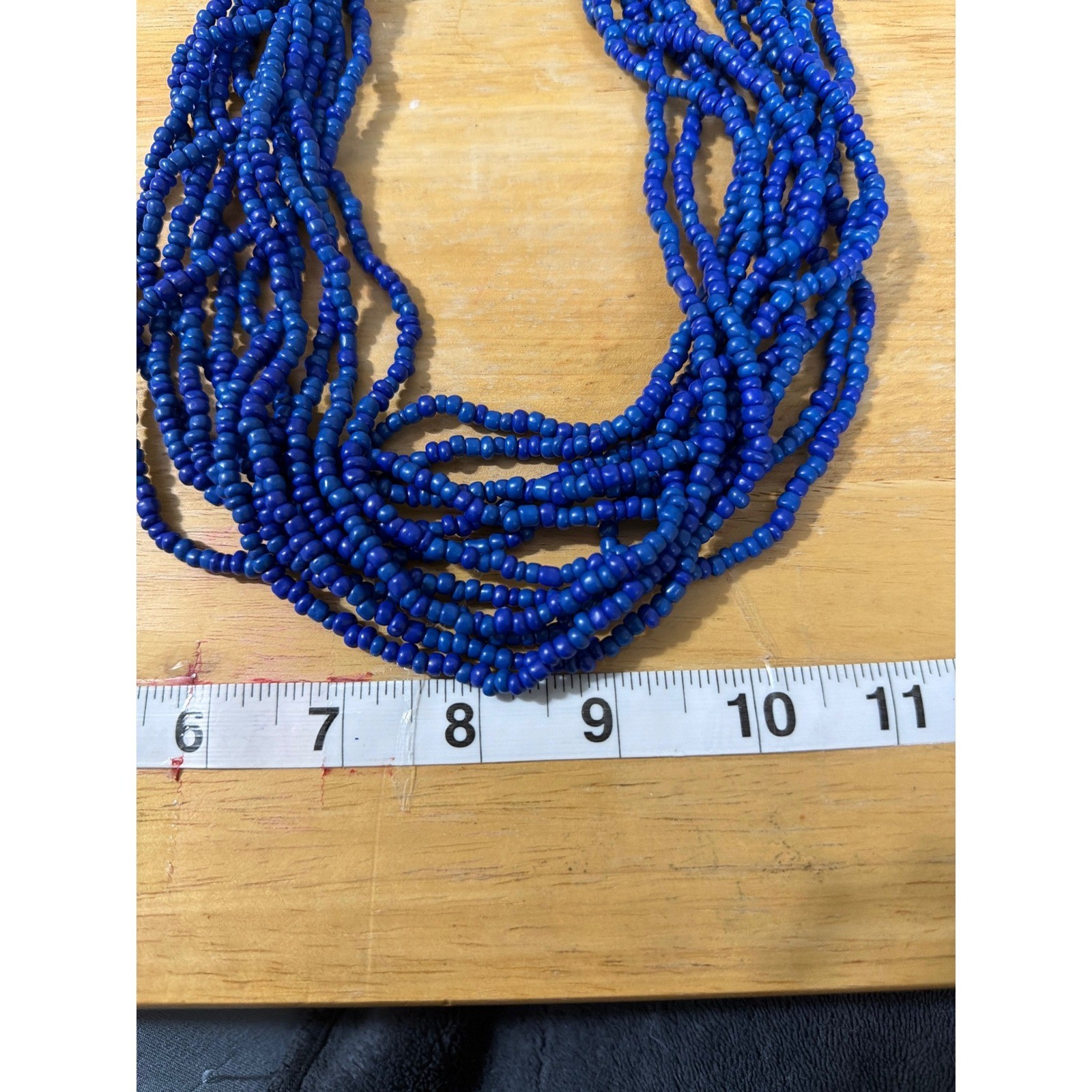 Cobalt Blue Multi Strand Seed Bead Statement Necklace Silver Tone Clasp