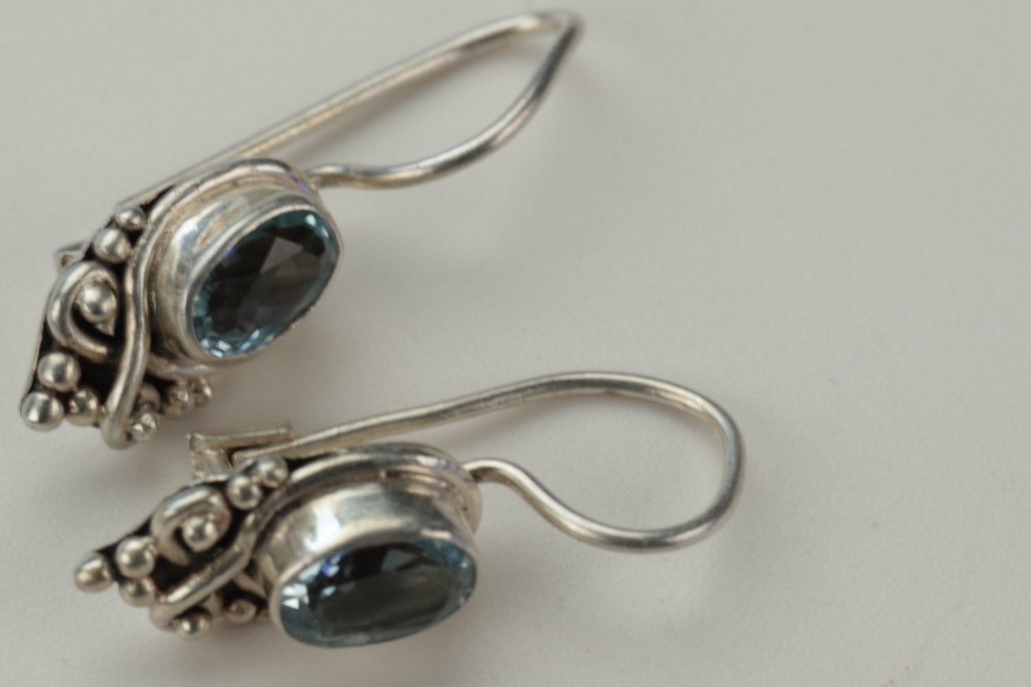 Earrings Small Silver Gemstone Oxidized Finish Vintage Bali Sterling Blue Topaz