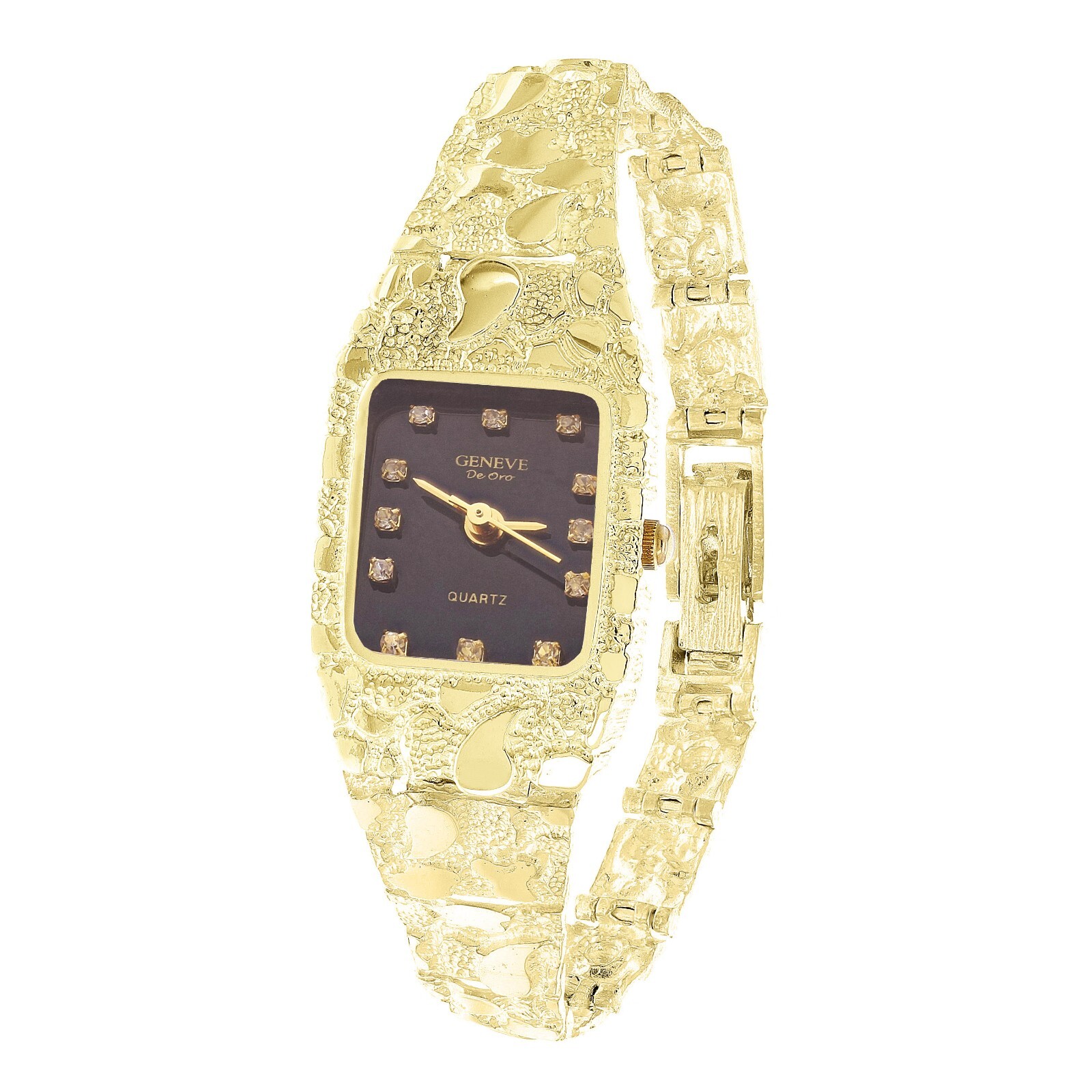 Women’s 10k Yellow Gold Nugget Band Wrist Watch Geneve with Diamonds 8-8.5″ 30g