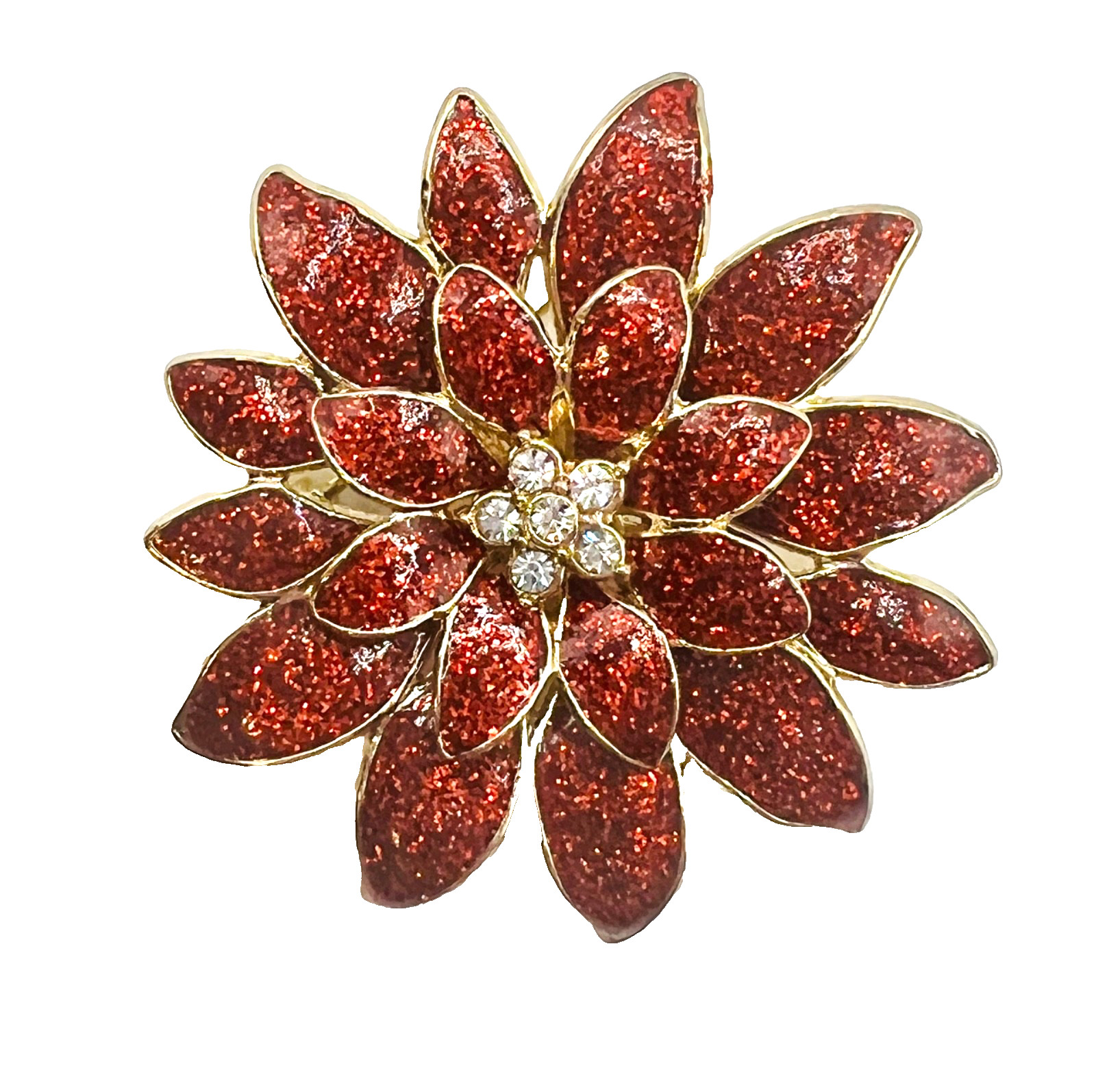 MACY’S HOLIDAY LANE Glitter Epoxy Christmas Poinsettia Brooch; Gold Tone Pin
