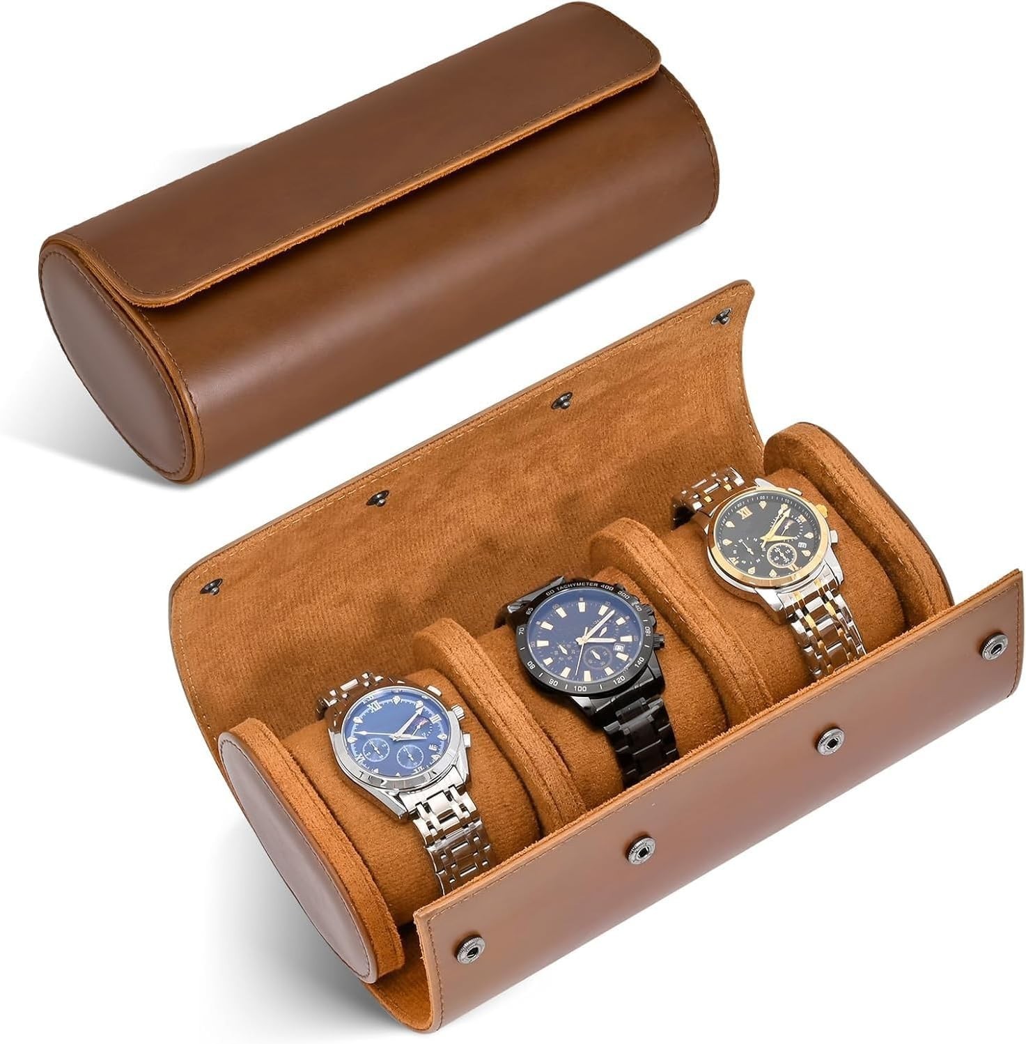 Compact 3-Watch Roll Case with Secure Button Closure – Ideal for Home and Travel