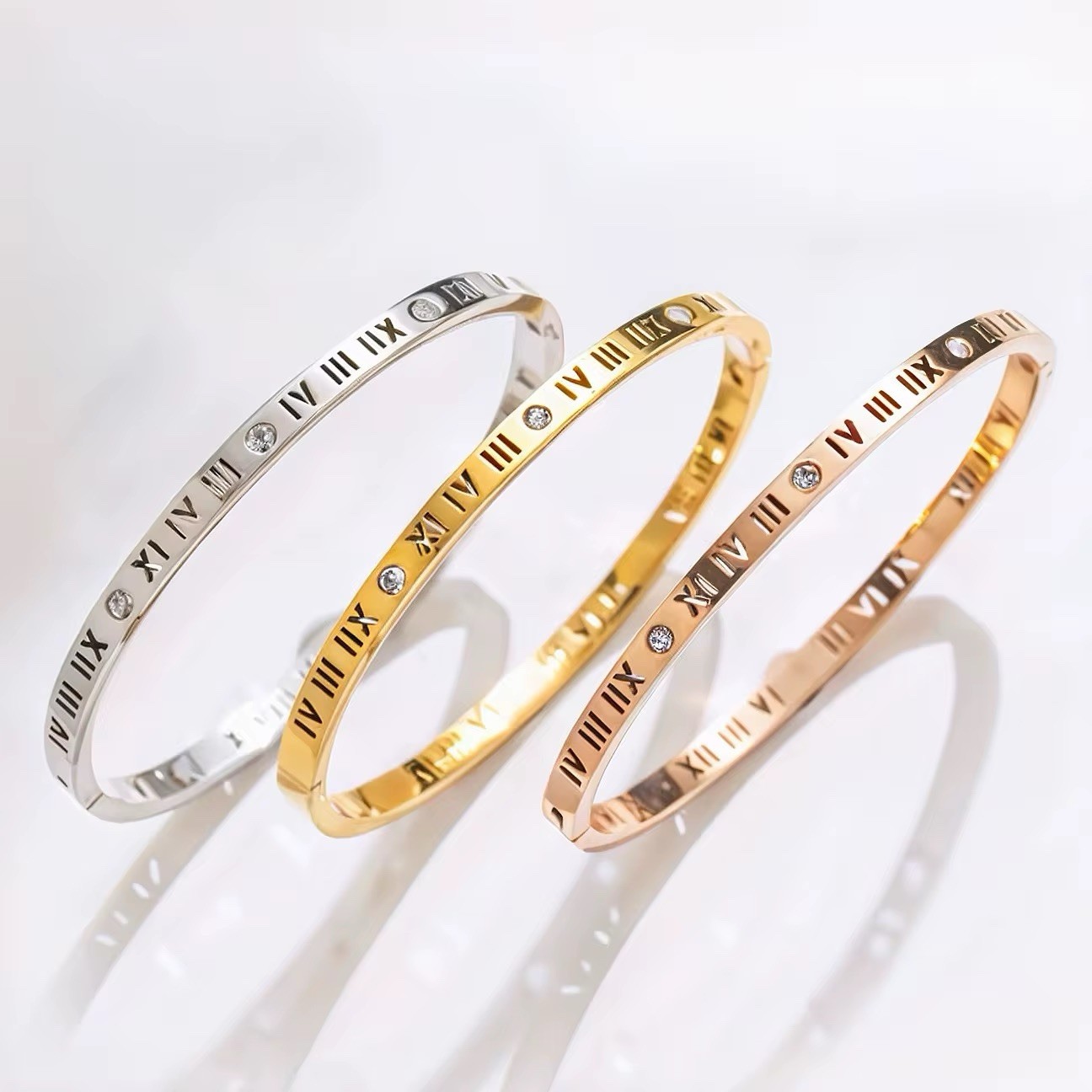 Stainless Steel Gold Roman Numeral Tarnish-Free Cuff Bangle Bracelet Size 7