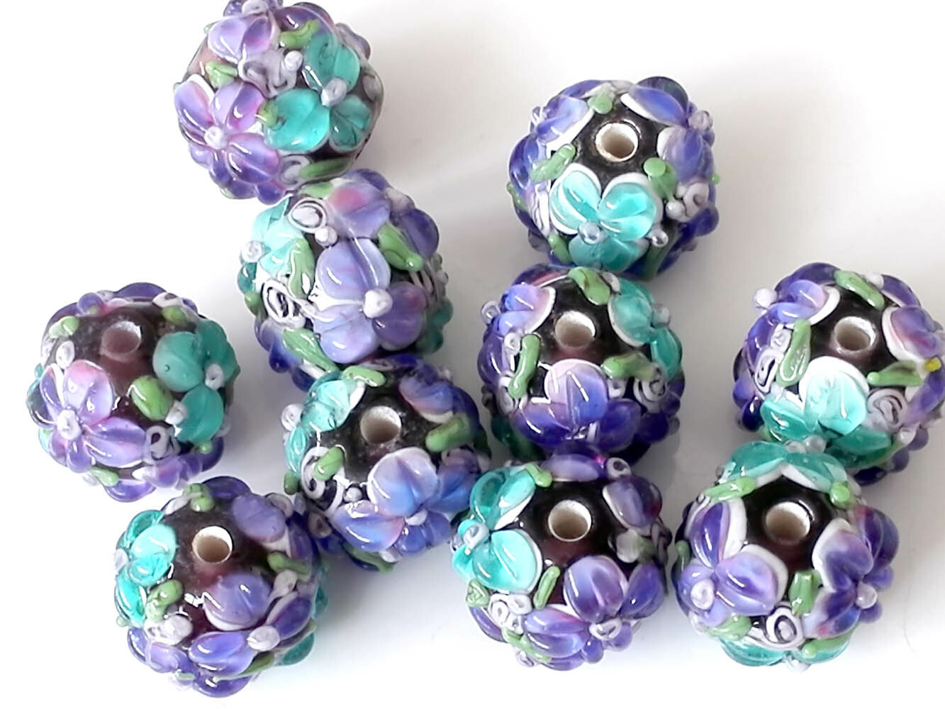 10Pcs Handmade Lampwork Glass Round Beads Purple Blue Flower 15Mm