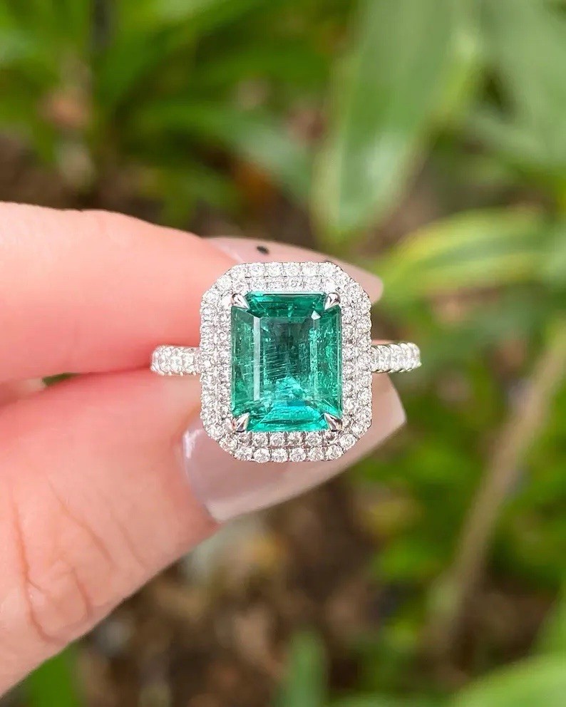 2 Ct Lab-Created Colombian Emerald Cut Double Halo Engagement Ring 935 Silver