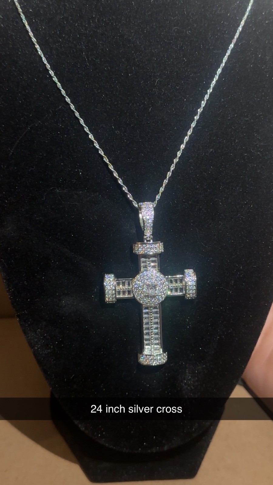 White Gold plated icey bling cubic cross with 24 inch rope chain